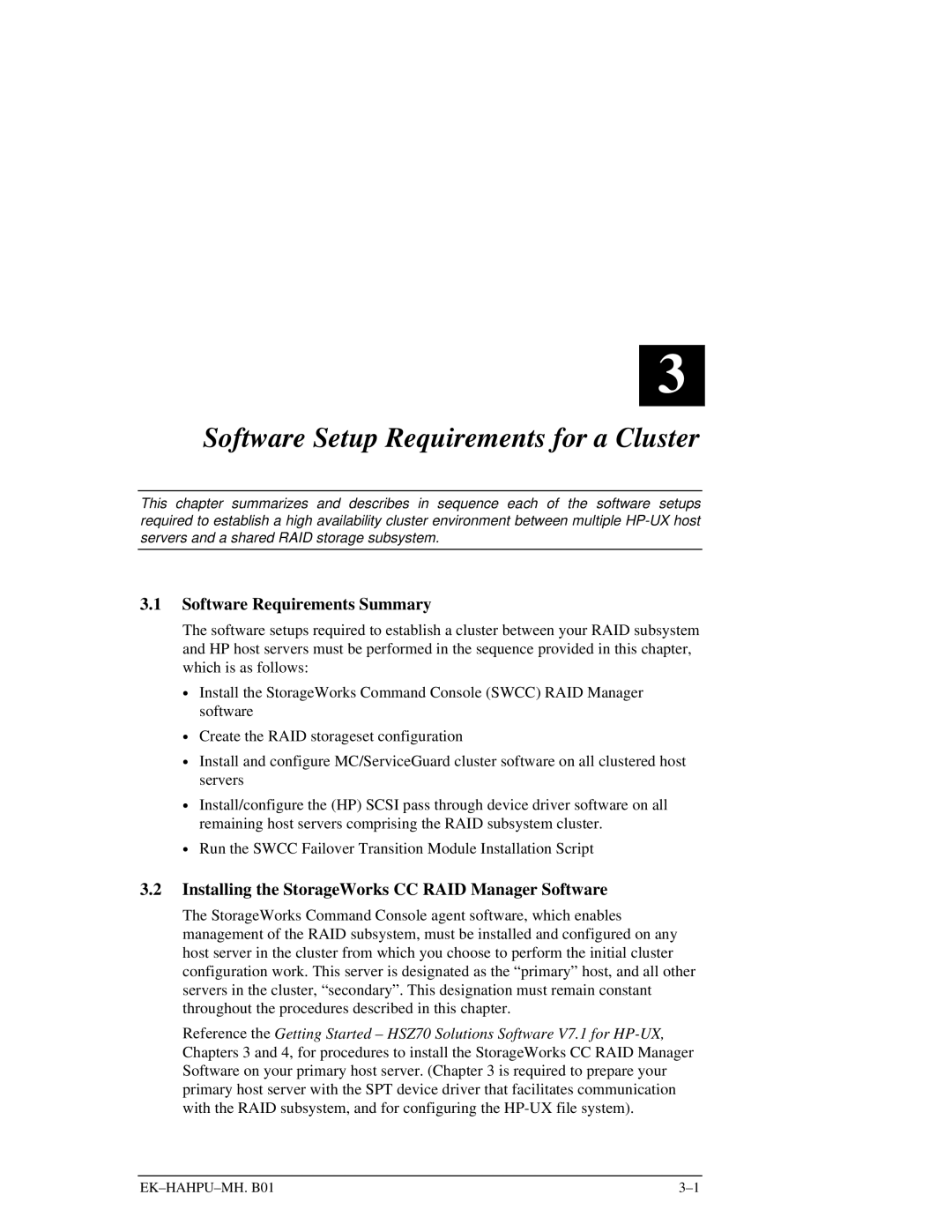 HP RA7000 manual Software Setup Requirements for a Cluster, Software Requirements Summary 