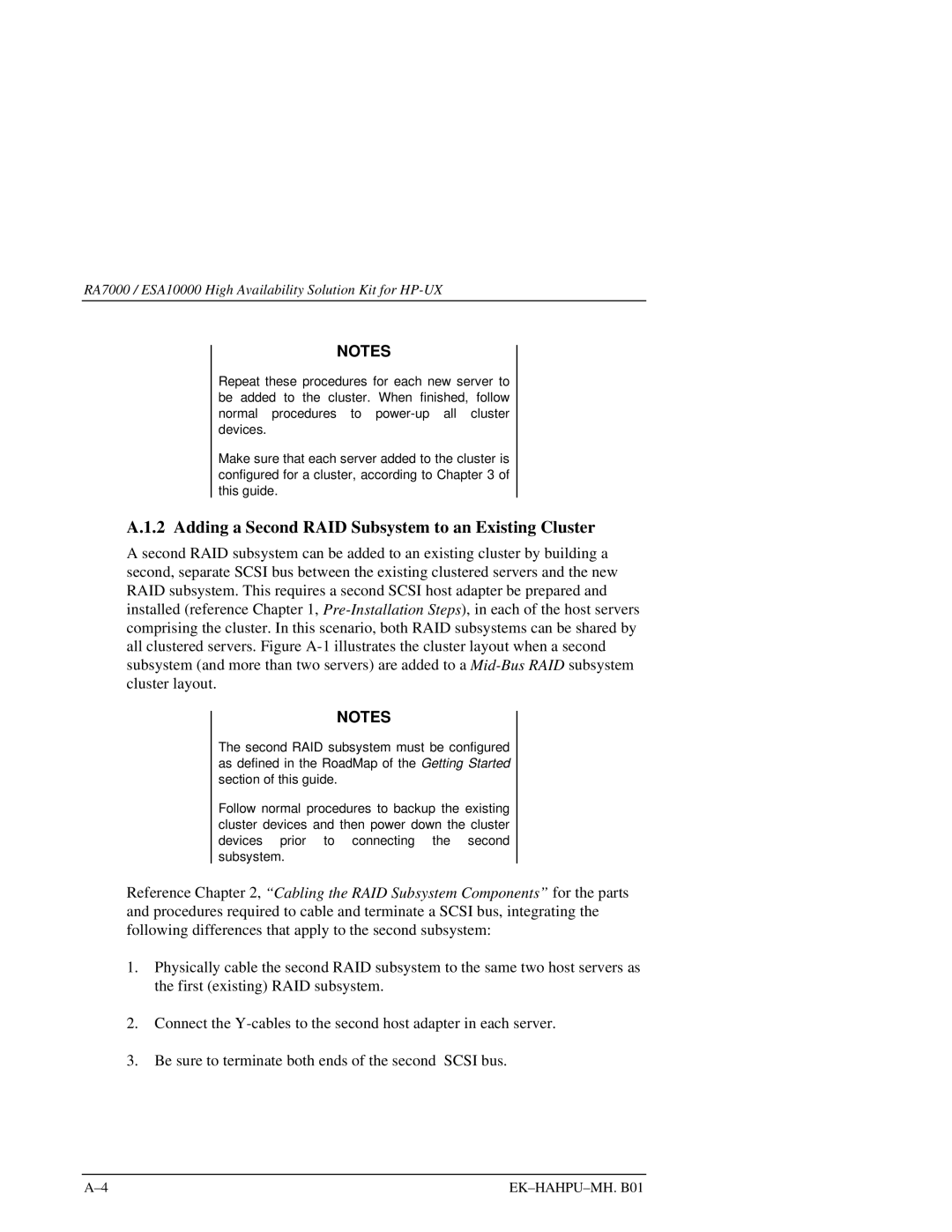 HP RA7000 manual Adding a Second RAID Subsystem to an Existing Cluster 