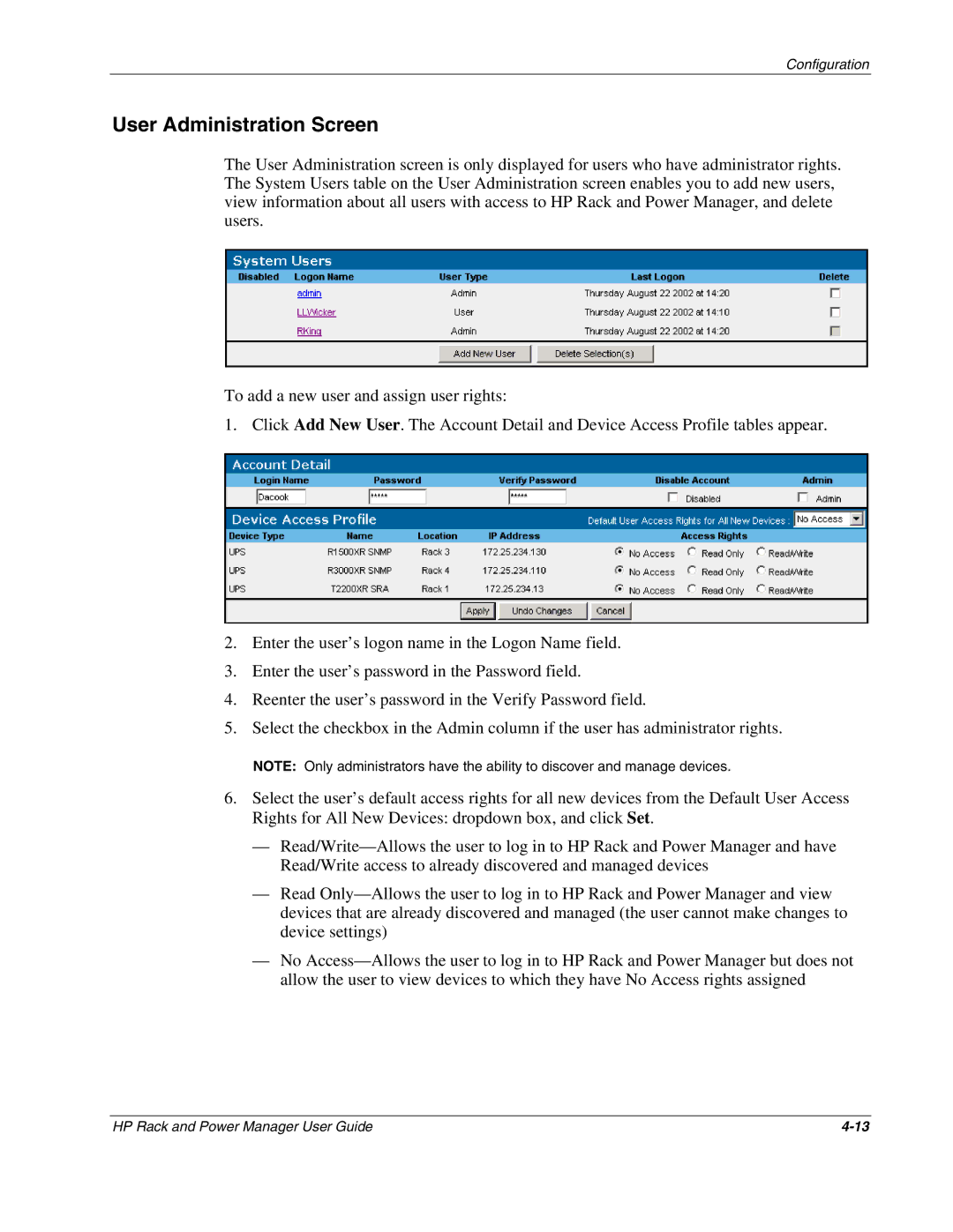 HP Rack and Power Manager Software, Power Proter Software manual User Administration Screen 