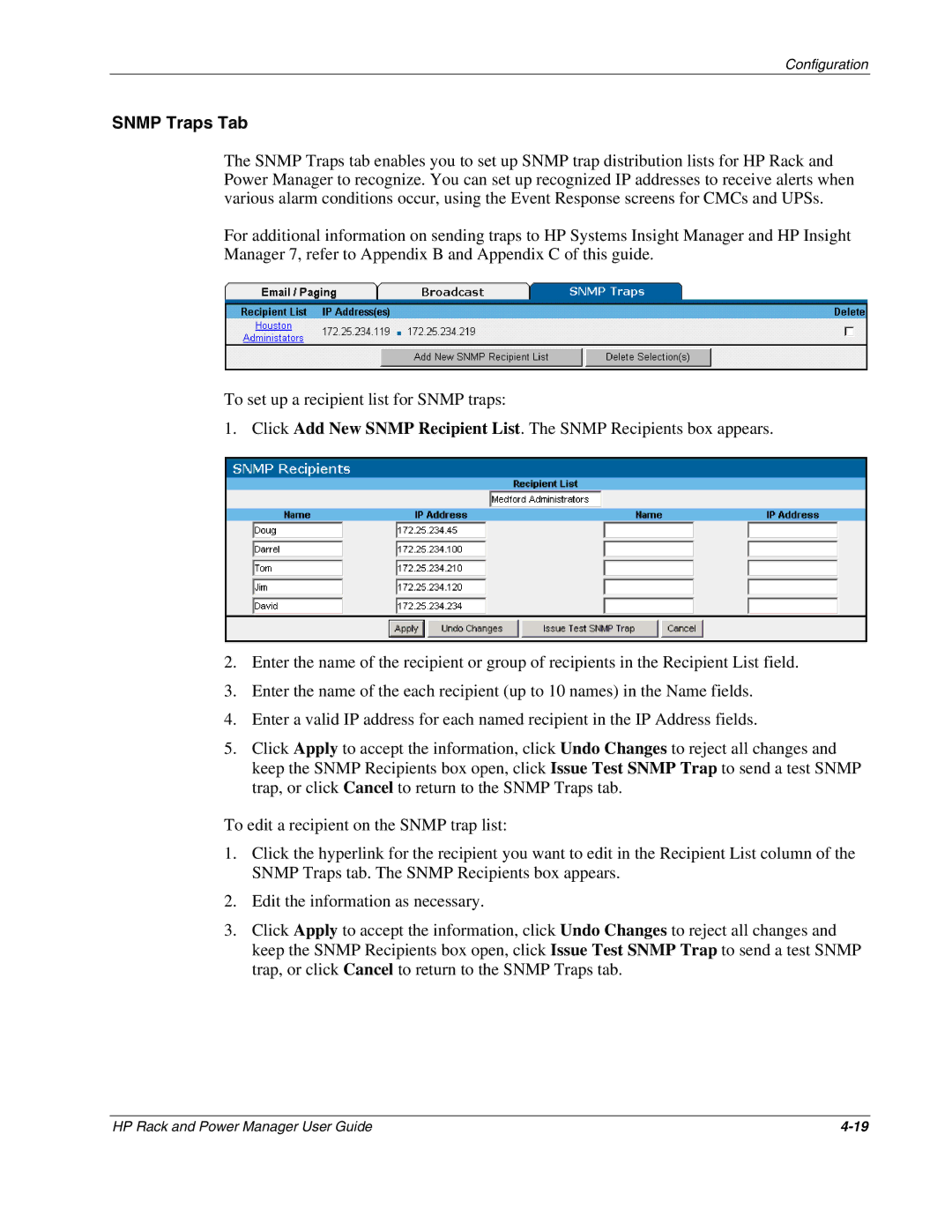 HP Rack and Power Manager Software, Power Proter Software manual Snmp Traps Tab 