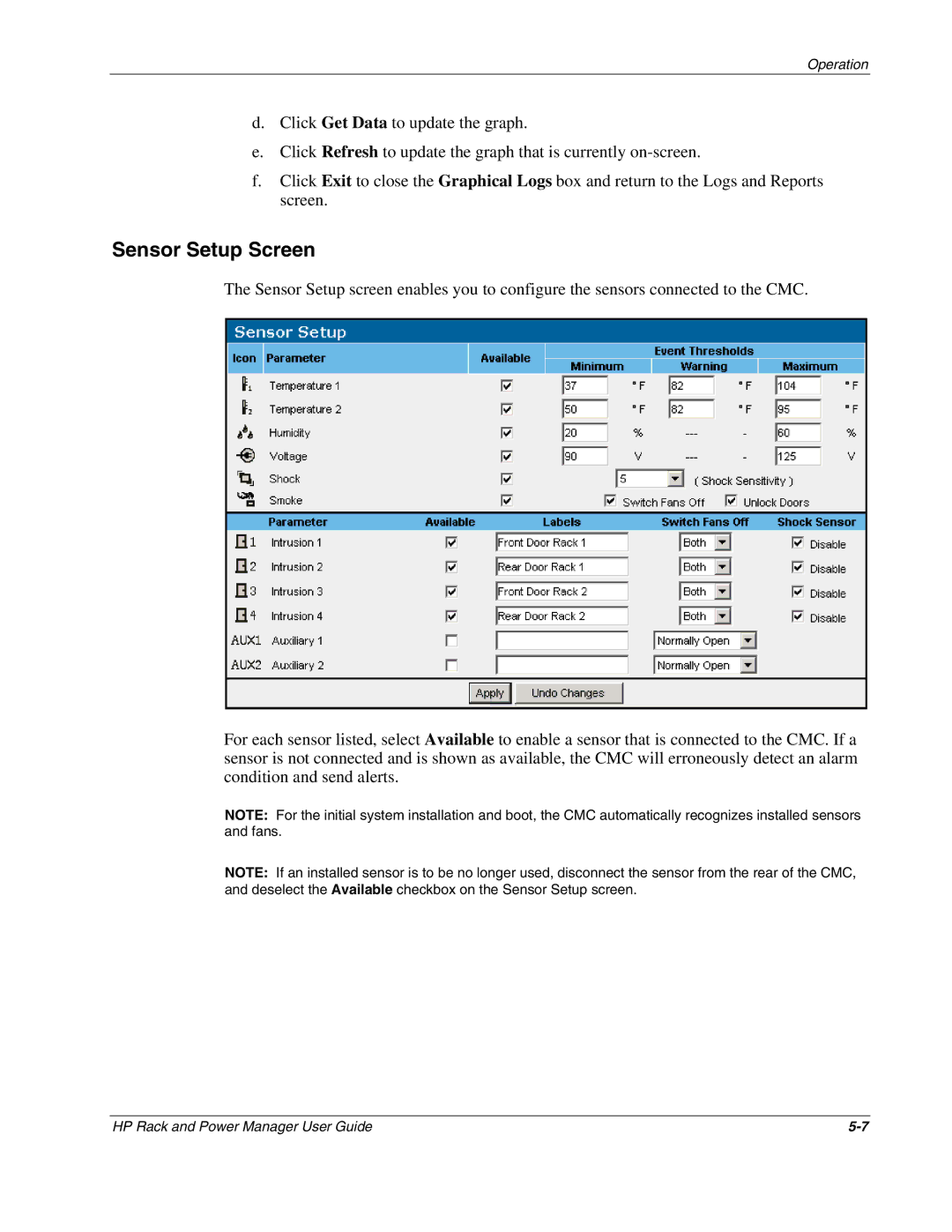 HP Power Proter Software, Rack and Power Manager Software manual Sensor Setup Screen 