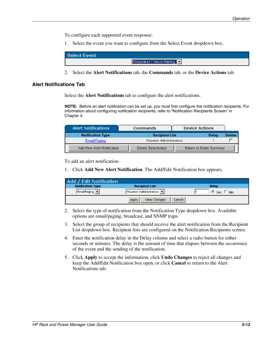 HP Power Proter Software, Rack and Power Manager Software manual Alert Notifications Tab 