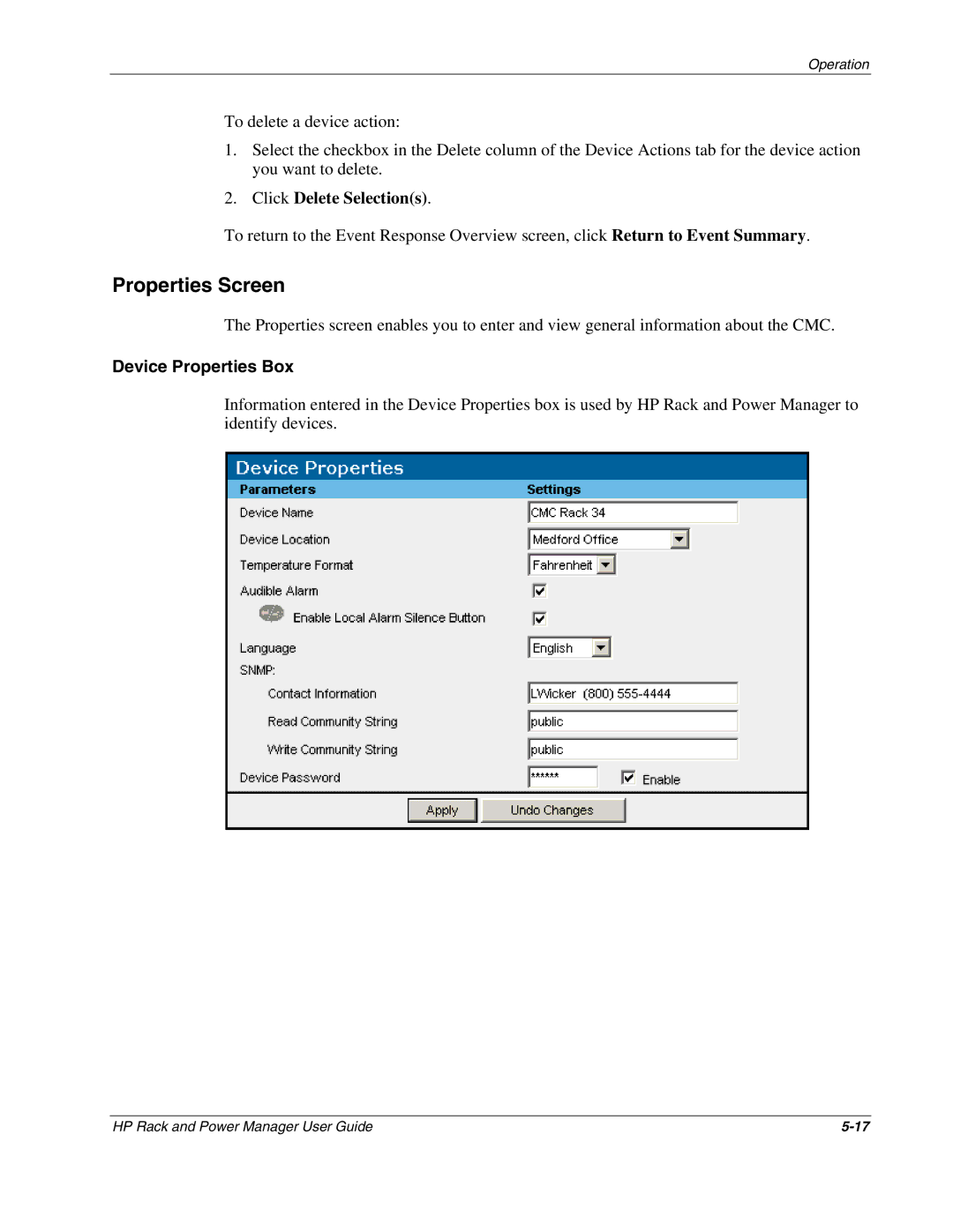 HP Power Proter Software, Rack and Power Manager Software manual Properties Screen, Device Properties Box 