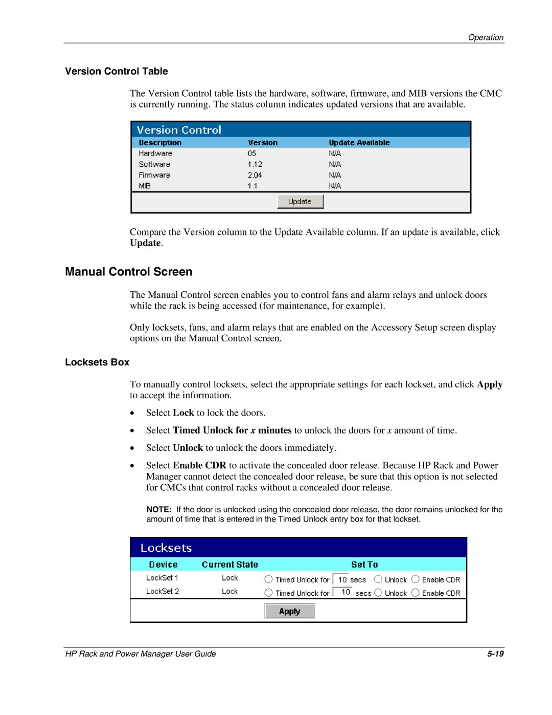 HP Power Proter Software, Rack and Power Manager Software manual Manual Control Screen, Version Control Table, Locksets Box 