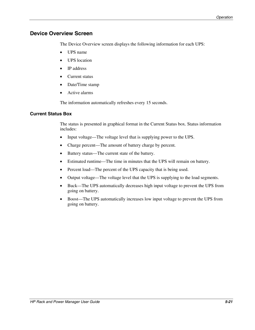 HP Power Proter Software, Rack and Power Manager Software manual Device Overview Screen, Current Status Box 