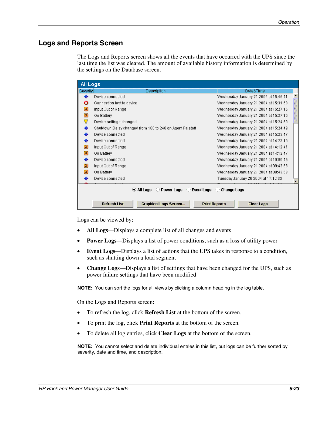 HP Power Proter Software, Rack and Power Manager Software manual Logs and Reports Screen 