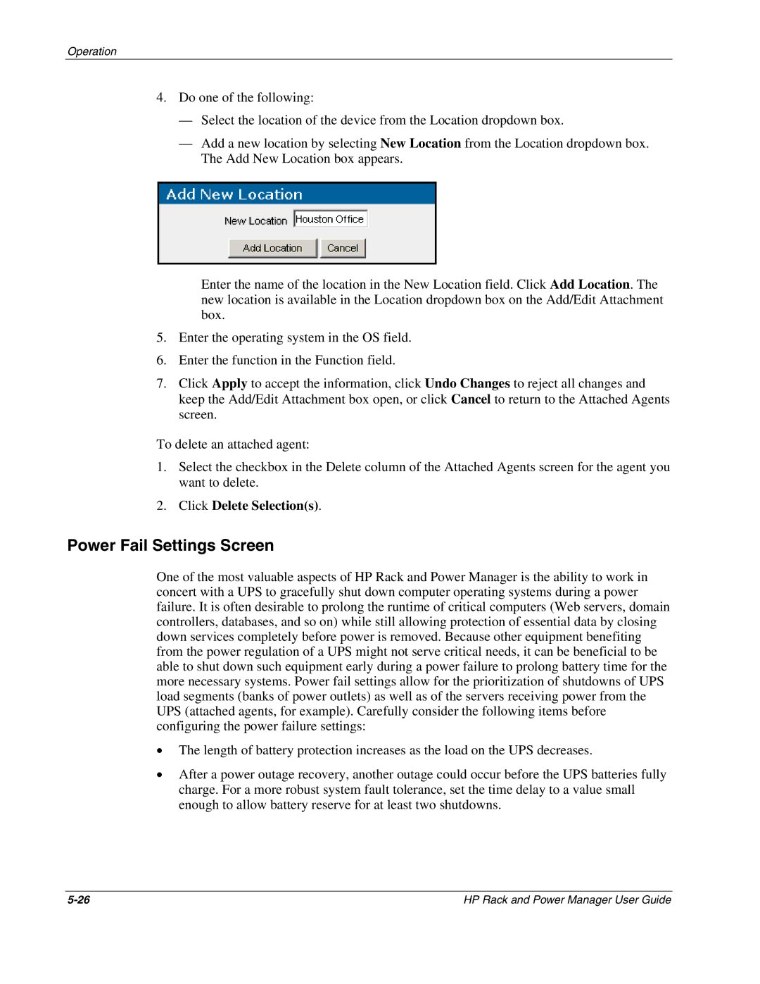 HP Rack and Power Manager Software, Power Proter Software manual Power Fail Settings Screen 