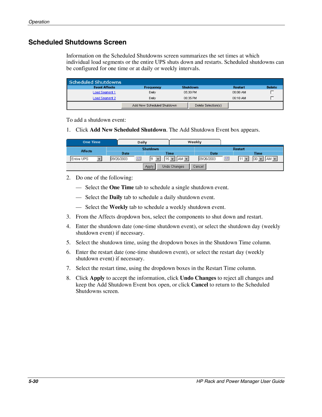 HP Rack and Power Manager Software, Power Proter Software manual Scheduled Shutdowns Screen 