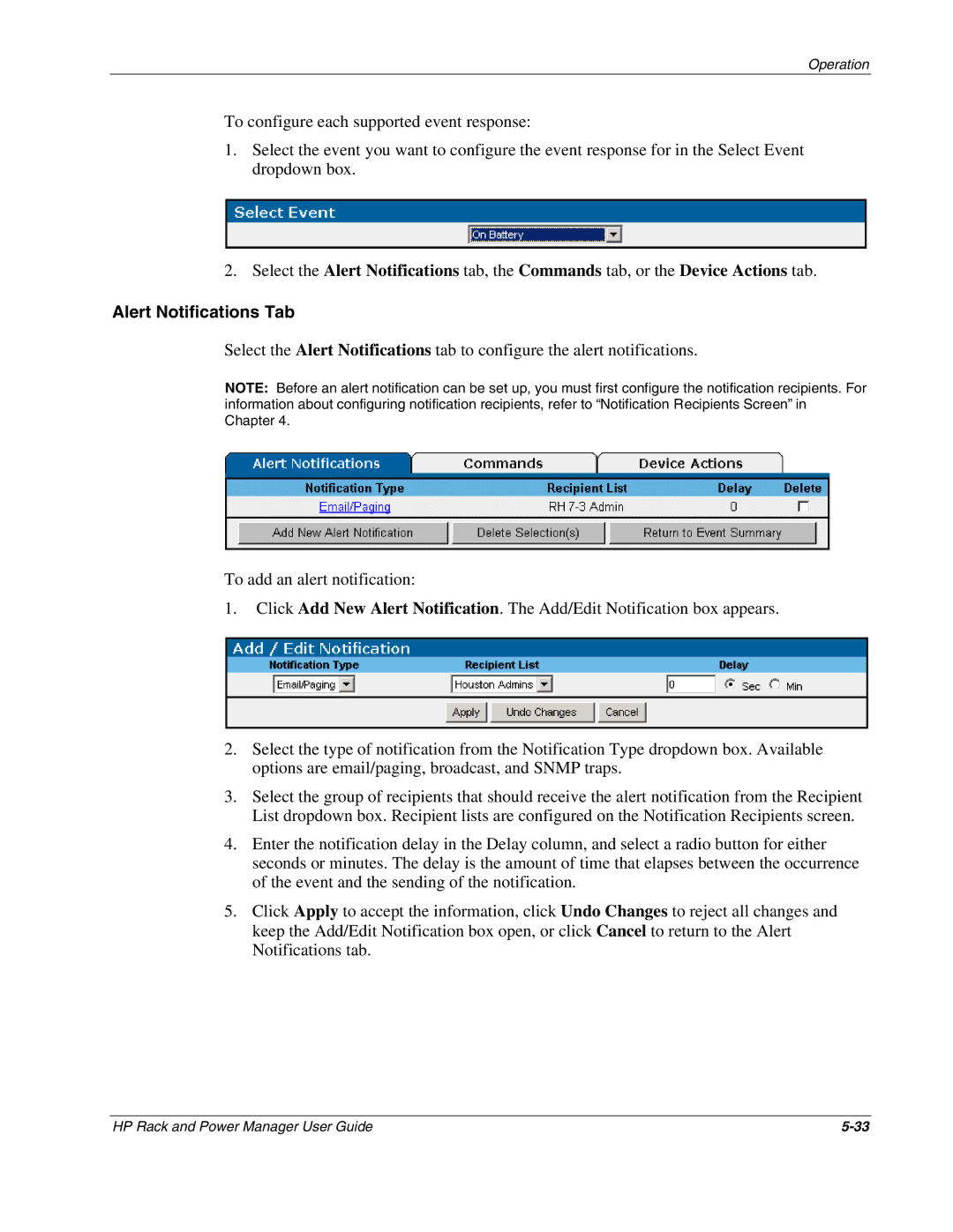 HP Power Proter Software, Rack and Power Manager Software manual Alert Notifications Tab 