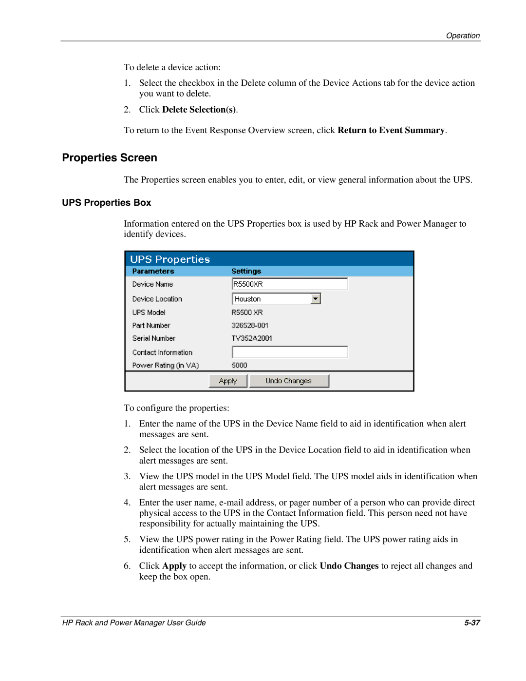 HP Power Proter Software, Rack and Power Manager Software manual Properties Screen, UPS Properties Box 