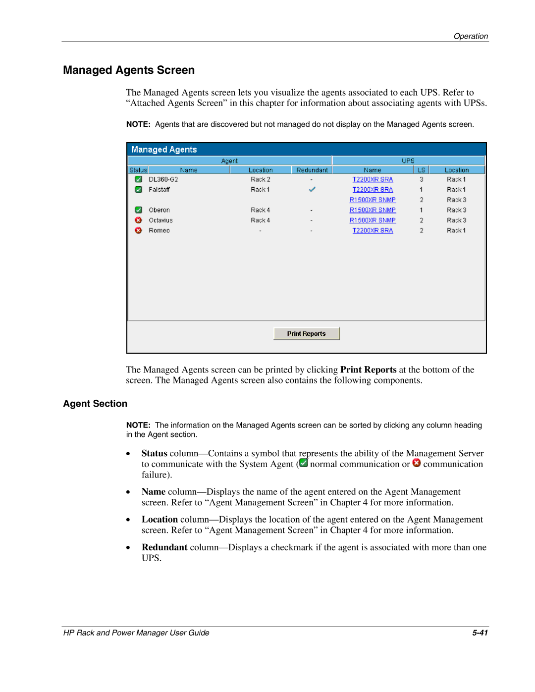 HP Power Proter Software, Rack and Power Manager Software manual Managed Agents Screen, Agent Section 