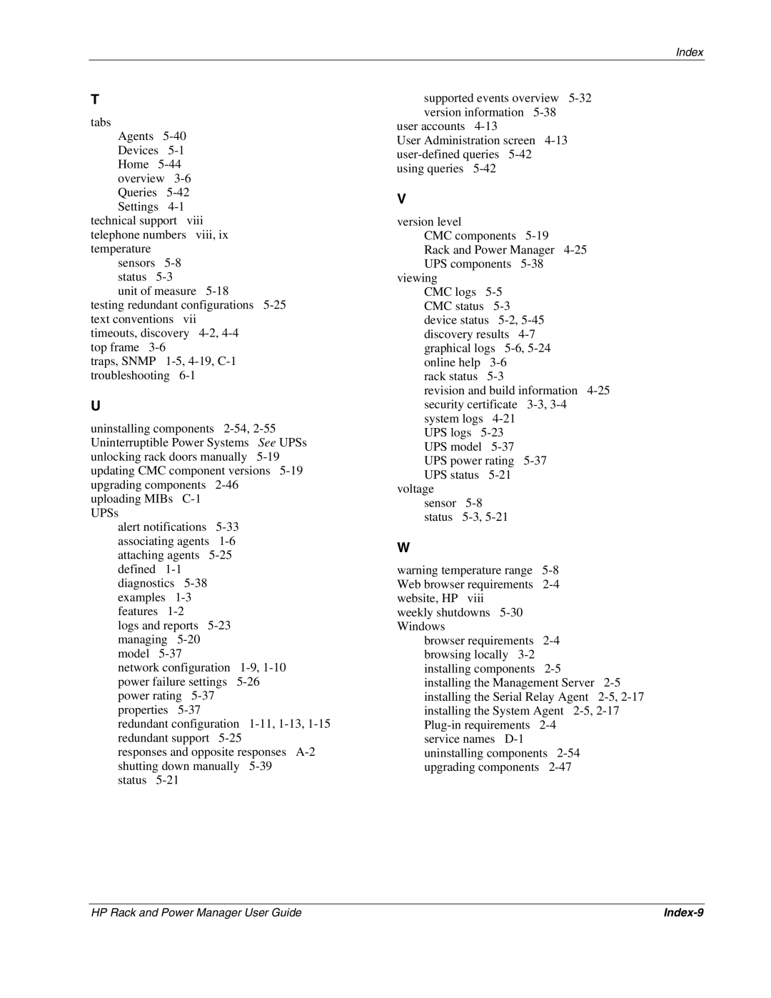 HP Rack and Power Manager Software, Power Proter Software manual Index-9 