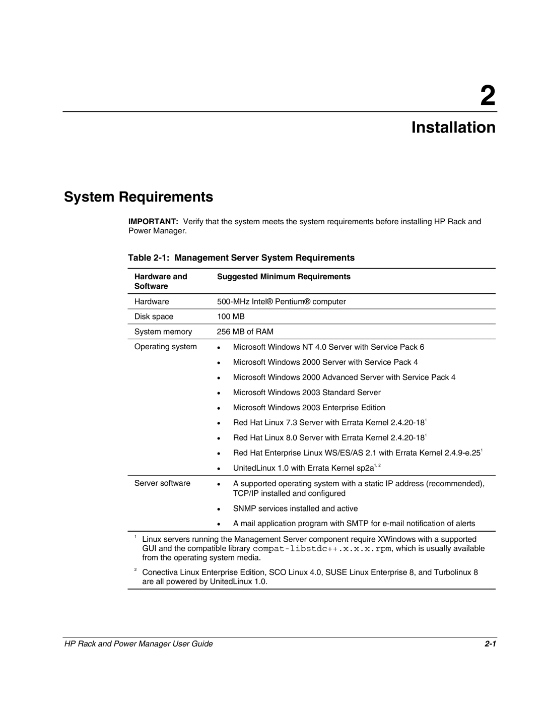 HP Power Proter Software, Rack and Power Manager Software manual Management Server System Requirements 