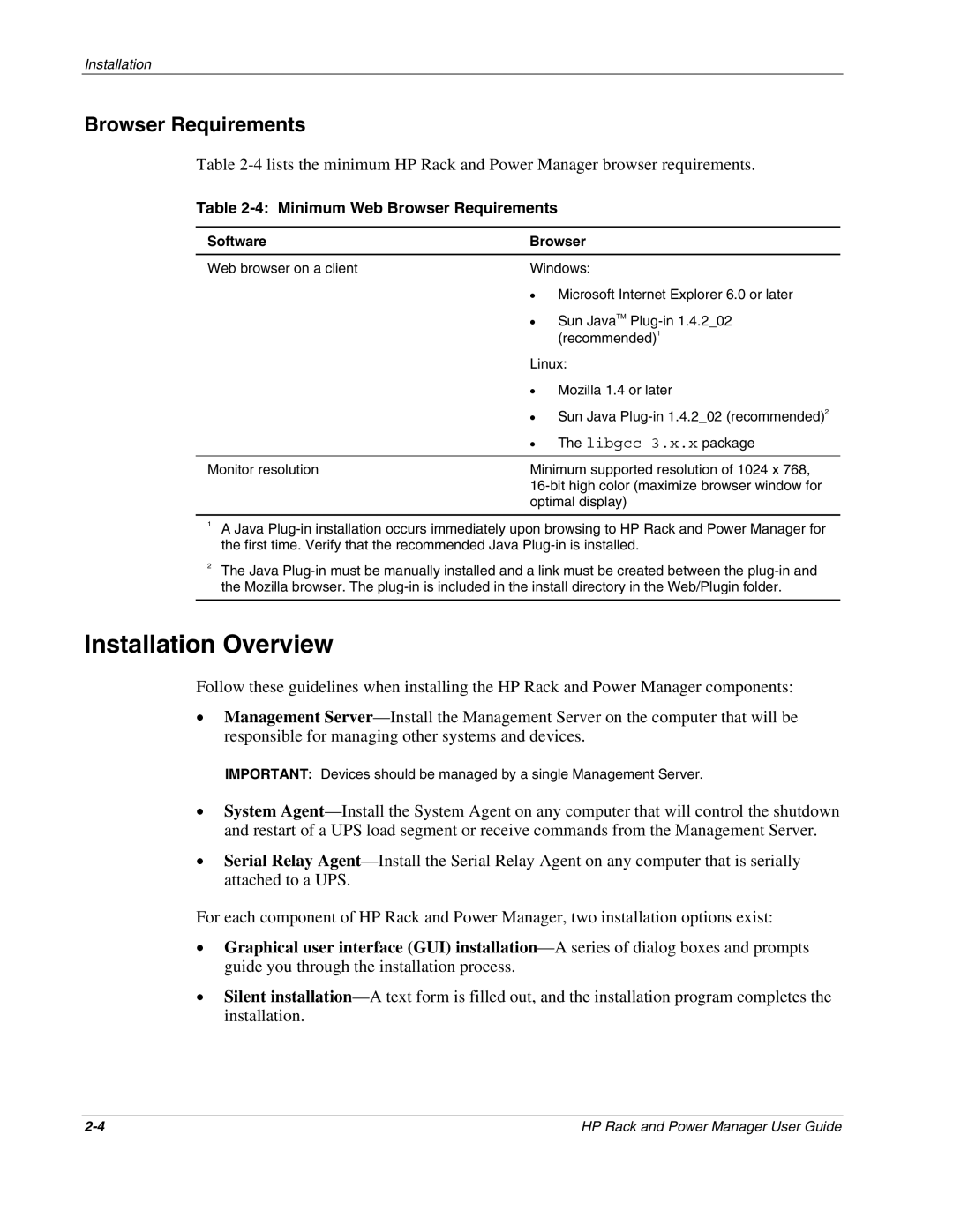 HP Rack and Power Manager Software, Power Proter Software manual Installation Overview, Minimum Web Browser Requirements 