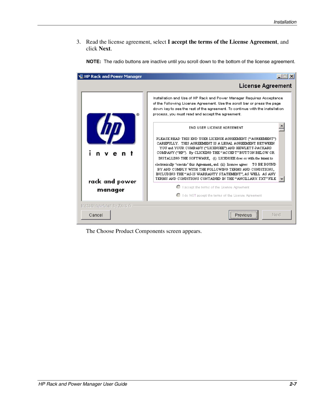 HP Power Proter Software, Rack and Power Manager Software manual Choose Product Components screen appears 