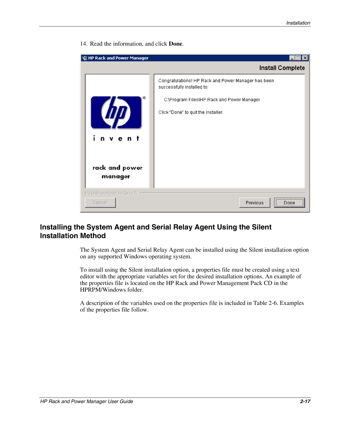 HP Power Proter Software, Rack and Power Manager Software manual Read the information, and click Done 