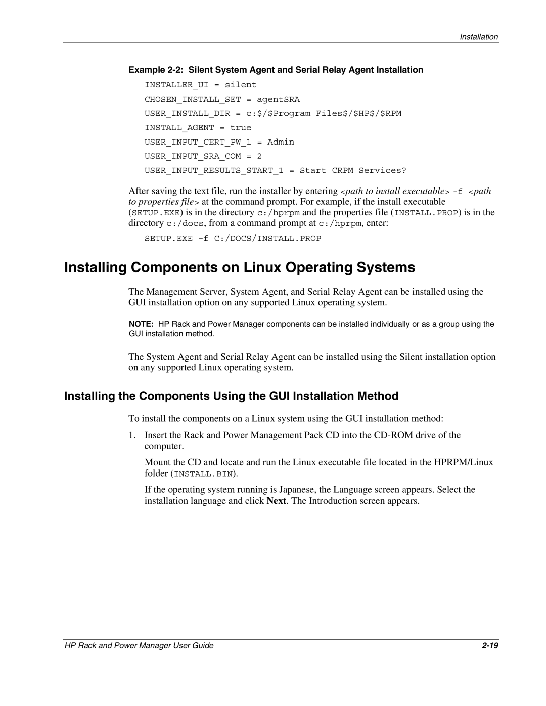 HP Power Proter Software, Rack and Power Manager Software manual Installing Components on Linux Operating Systems 