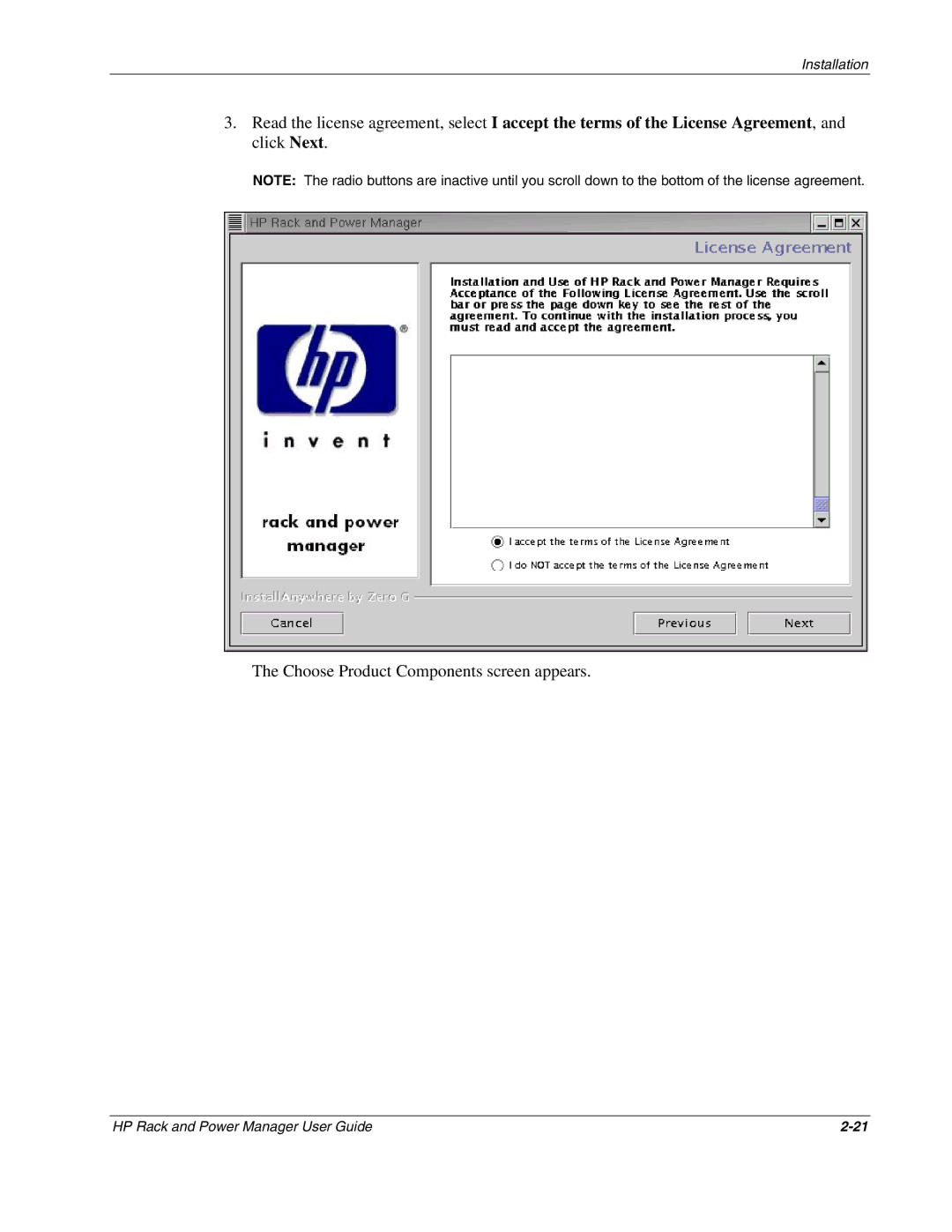 HP Power Proter Software, Rack and Power Manager Software manual Choose Product Components screen appears 