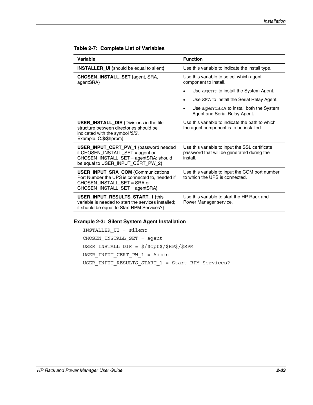 HP Power Proter Software manual Complete List of Variables, Example 2-3 Silent System Agent Installation 
