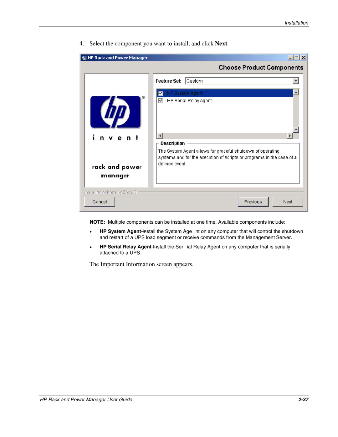 HP Power Proter Software, Rack and Power Manager Software manual Important Information screen appears 