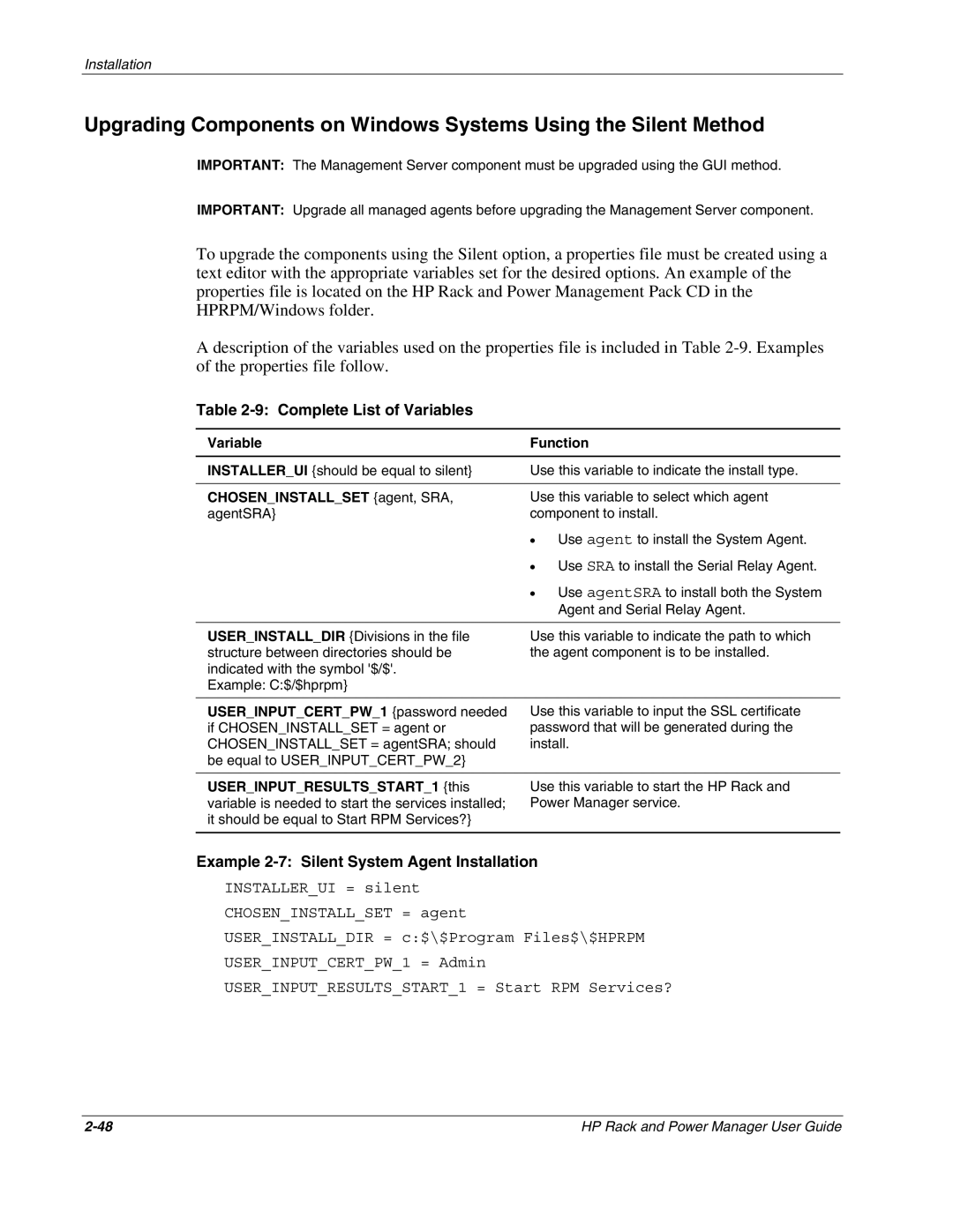 HP Rack and Power Manager Software manual Complete List of Variables, Example 2-7 Silent System Agent Installation 