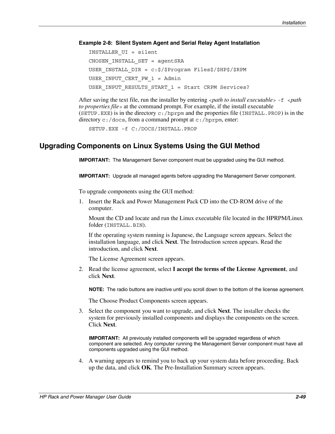 HP Power Proter Software, Rack and Power Manager Software manual Upgrading Components on Linux Systems Using the GUI Method 