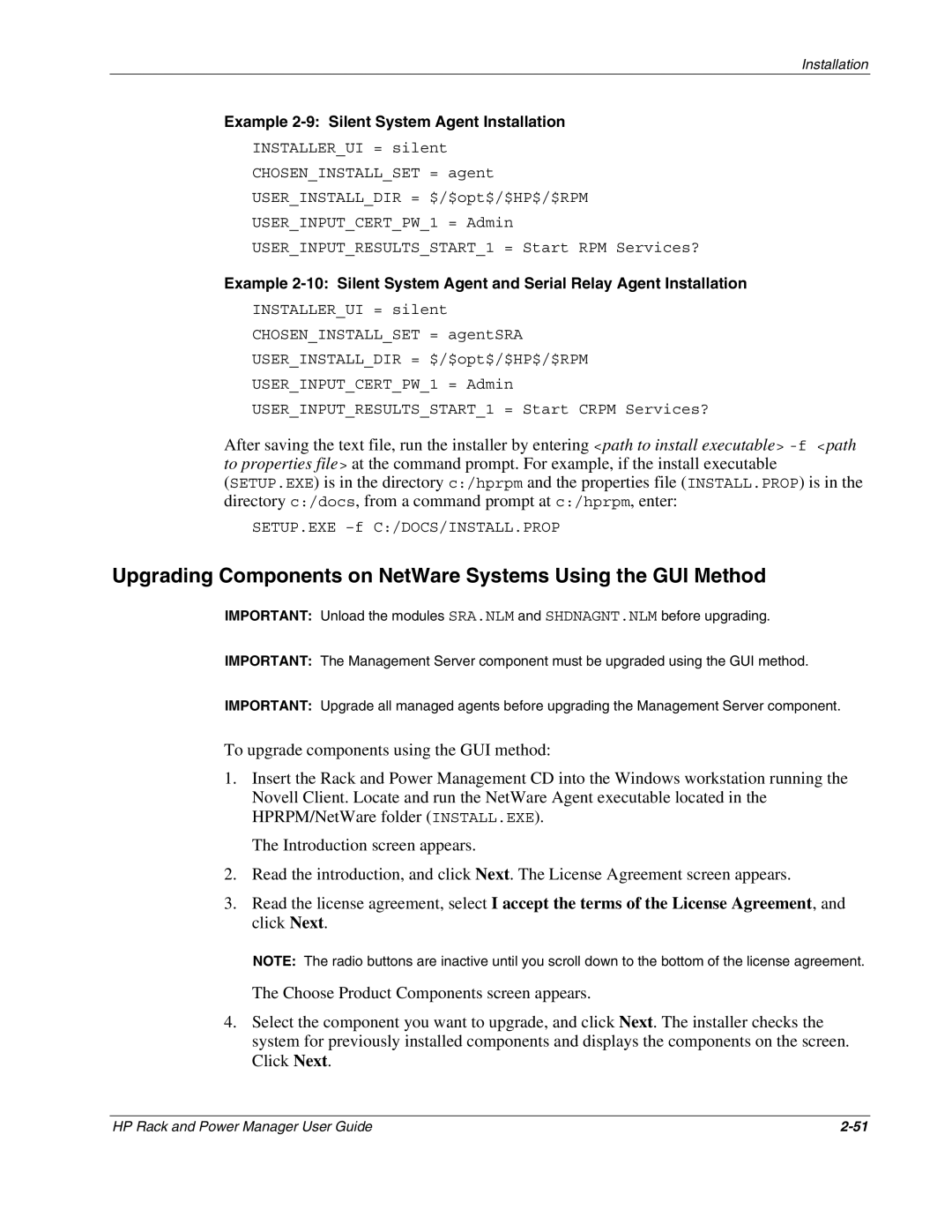 HP Power Proter Software, Rack and Power Manager Software Upgrading Components on NetWare Systems Using the GUI Method 