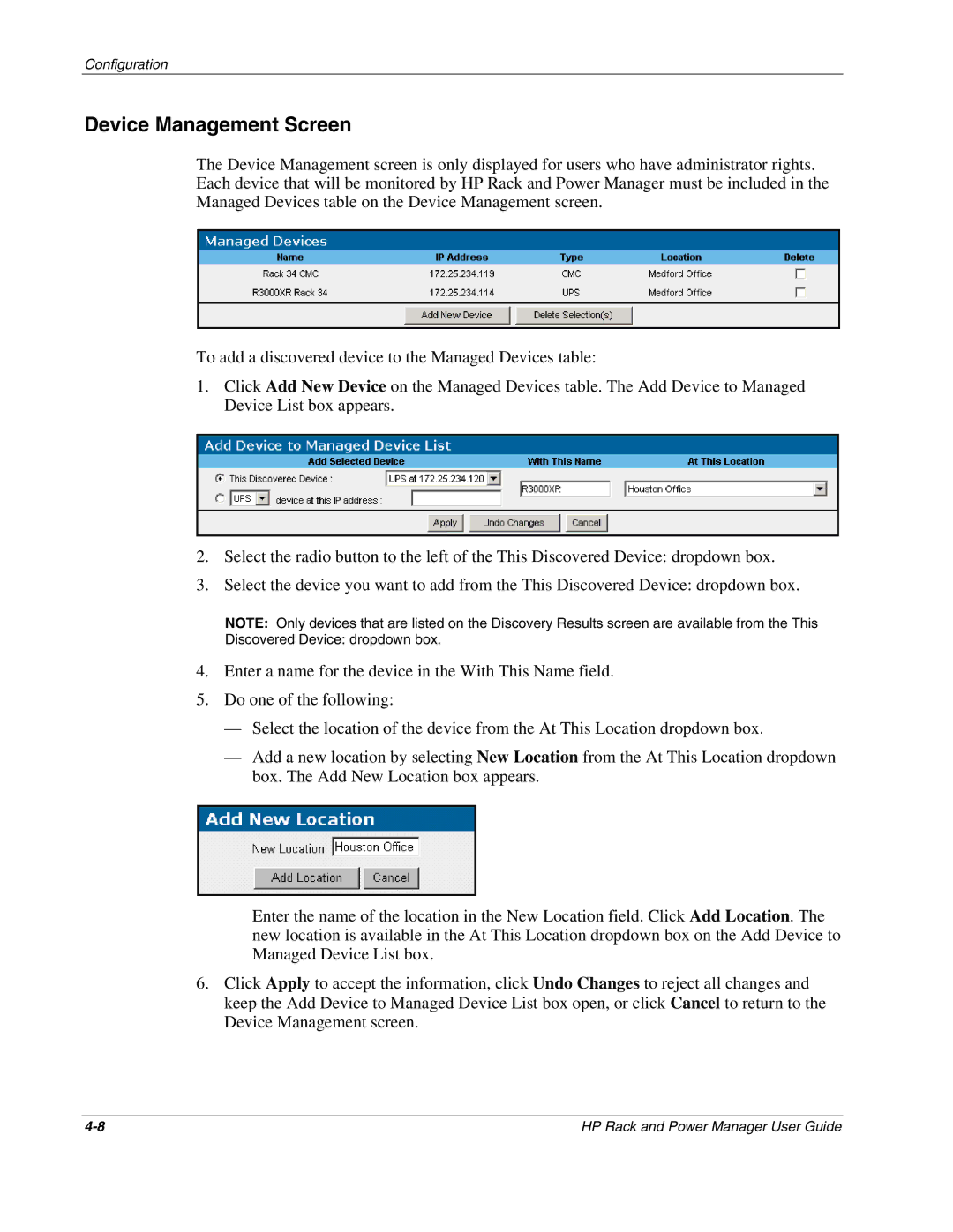 HP Power Proter Software, Rack and Power Manager Software manual Device Management Screen 