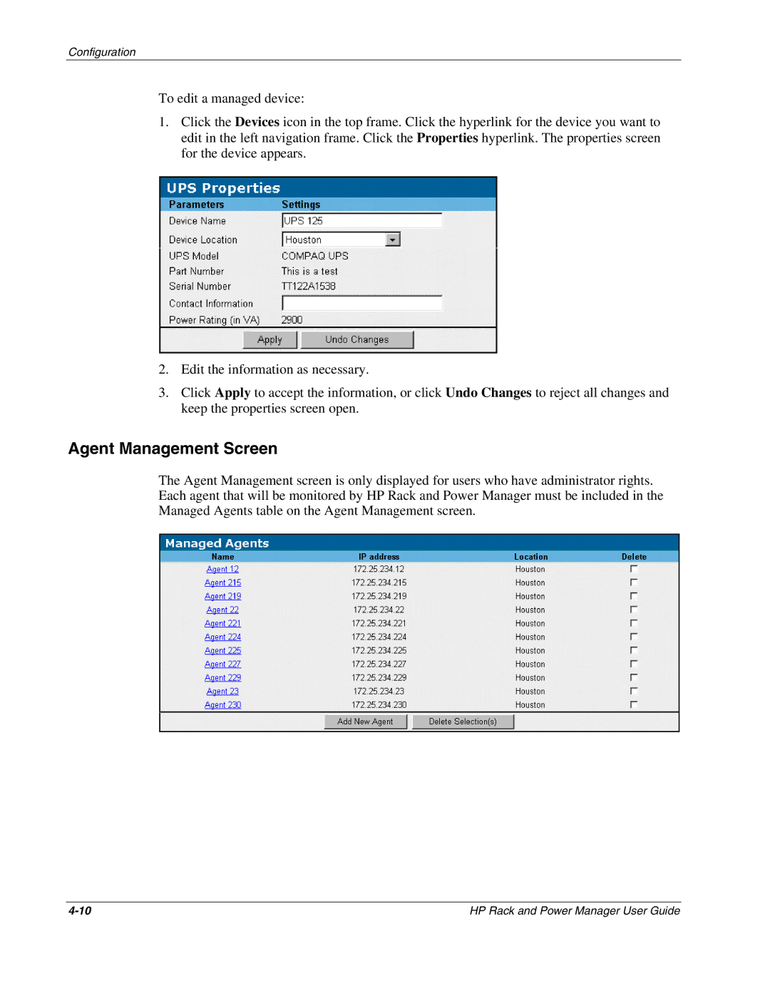 HP Power Proter Software, Rack and Power Manager Software manual Agent Management Screen 