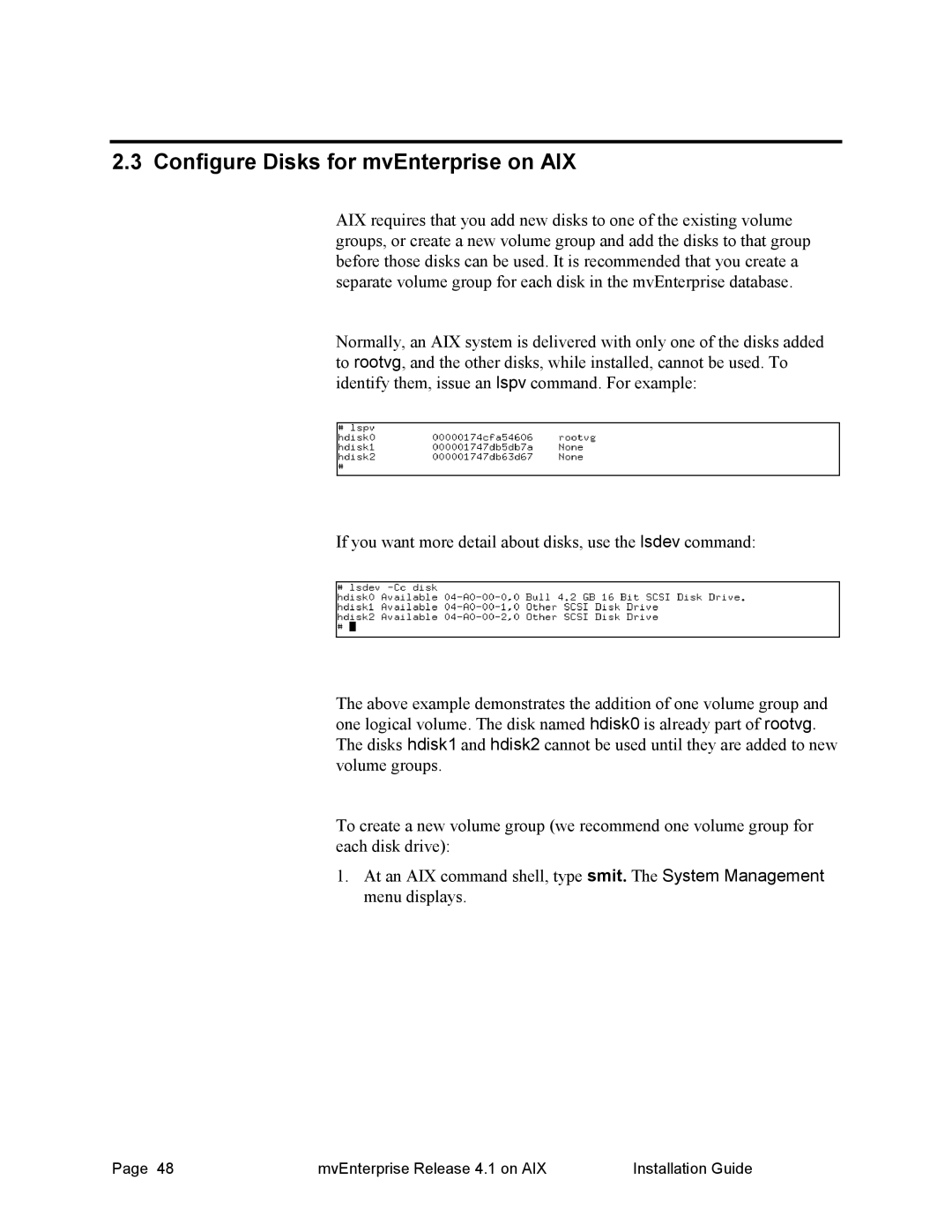 HP Raining DataCorp. mvEnterprise manual Configure Disks for mvEnterprise on AIX 