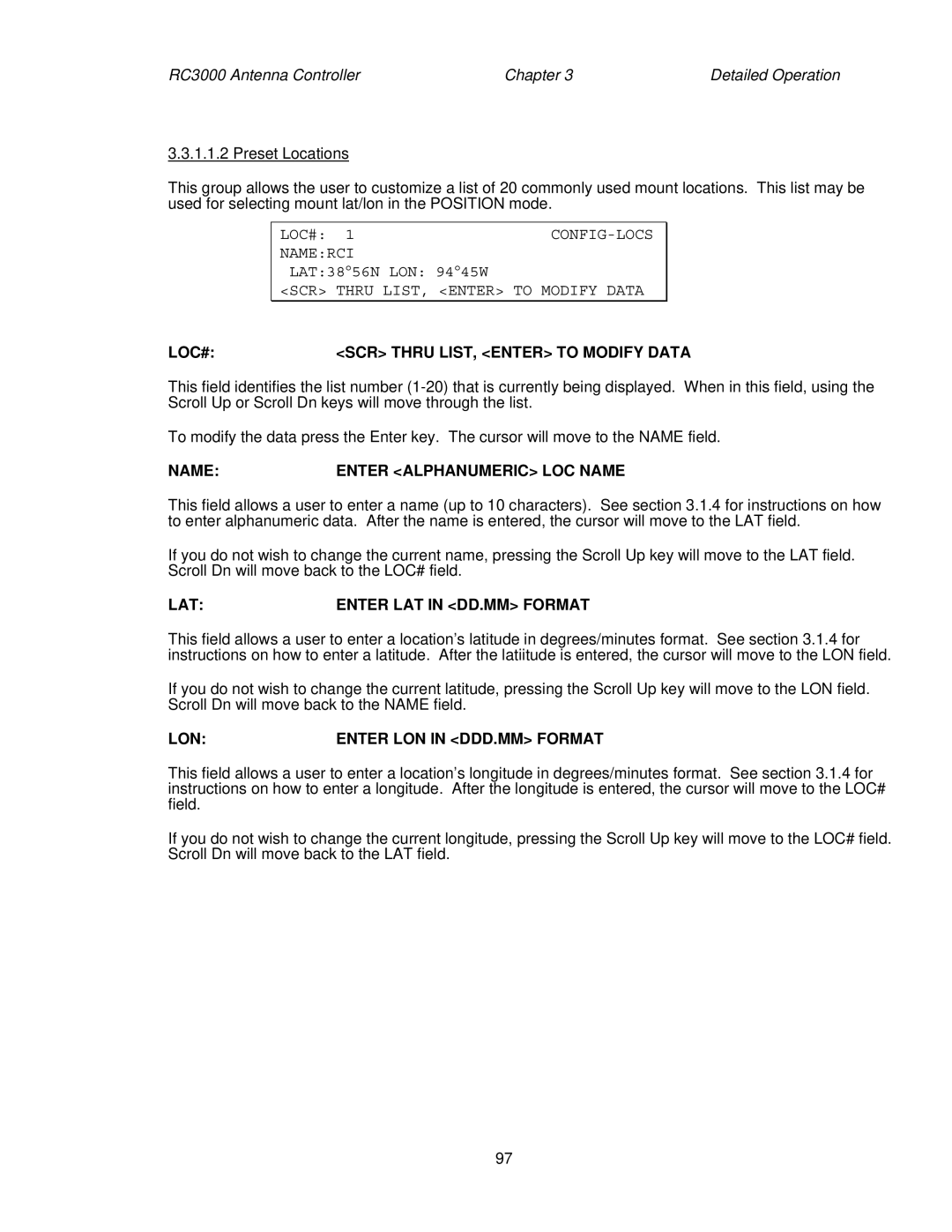 HP RC3000 manual LOC# SCR Thru LIST, Enter to Modify Data, Name Enter Alphanumeric LOC Name, LAT Enter LAT in DD.MM Format 