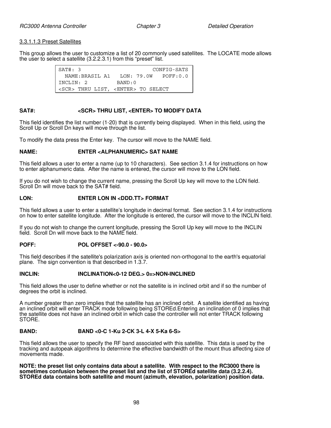 HP RC3000 SAT# SCR Thru LIST, Enter to Modify Data, Name Enter Alphanumeric SAT Name, LON Enter LON in DDD.TT Format, Poff 