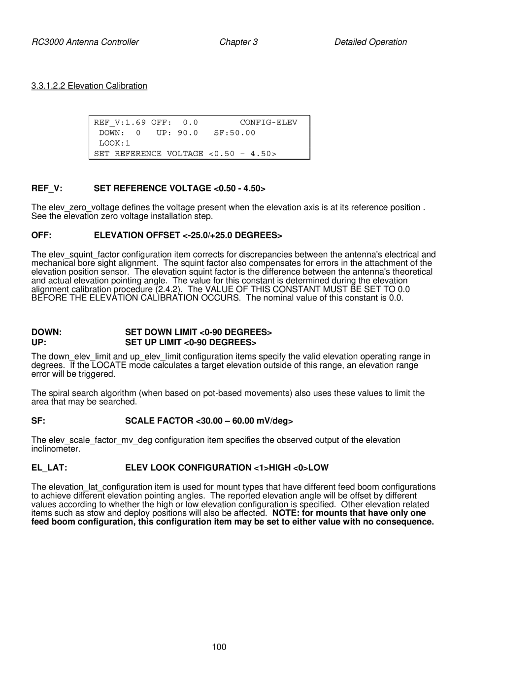 HP RC3000 manual Refv SET Reference Voltage 0.50, OFF Elevation Offset -25.0/+25.0 Degrees, Scale Factor 30.00 60.00 mV/deg 