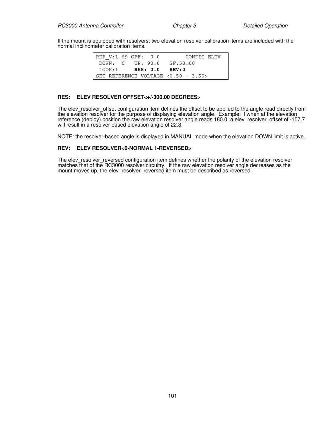 HP RC3000 manual Down, LOOK1, RES Elev Resolver OFFSET+/-300.00 Degrees, REV Elev RESOLVER0-NORMAL 1-REVERSED 