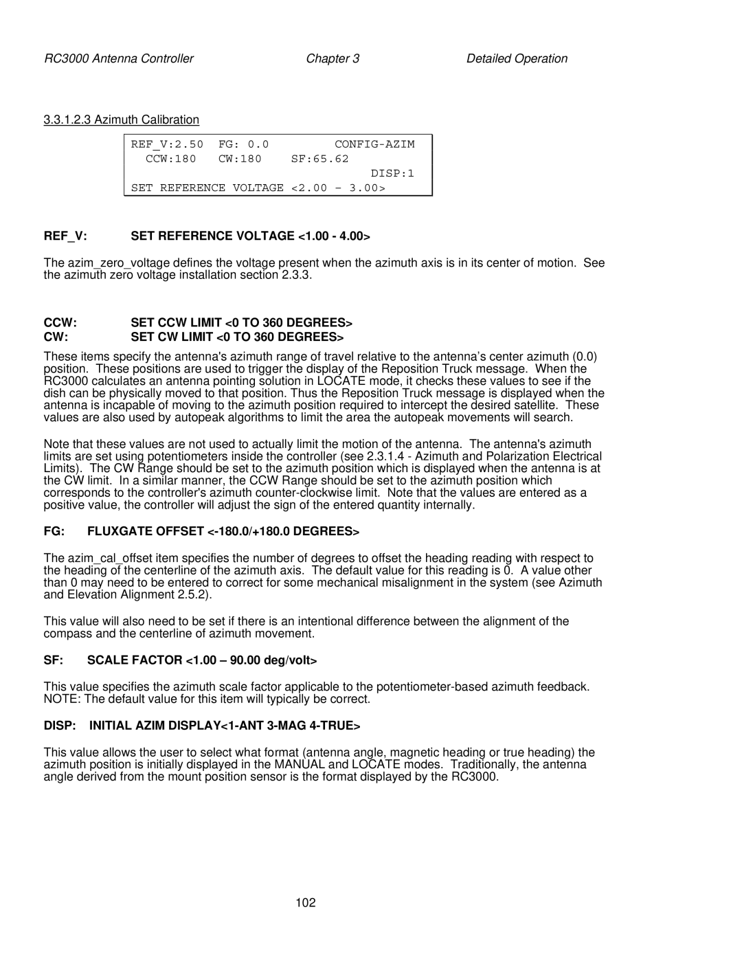 HP RC3000 DISP1 SET Reference Voltage 2.00, Refv SET Reference Voltage 1.00, FG Fluxgate Offset -180.0/+180.0 Degrees 