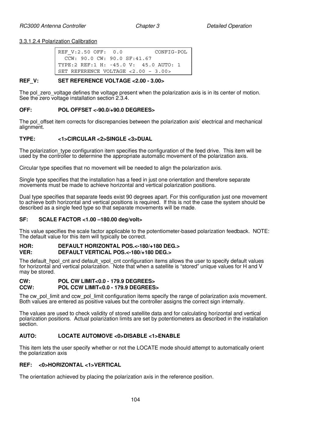 HP RC3000 manual Refv SET Reference Voltage 2.00, Off, Type 1CIRCULAR 2SINGLE 3DUAL, POL CW LIMIT0.0 179.9 Degrees 