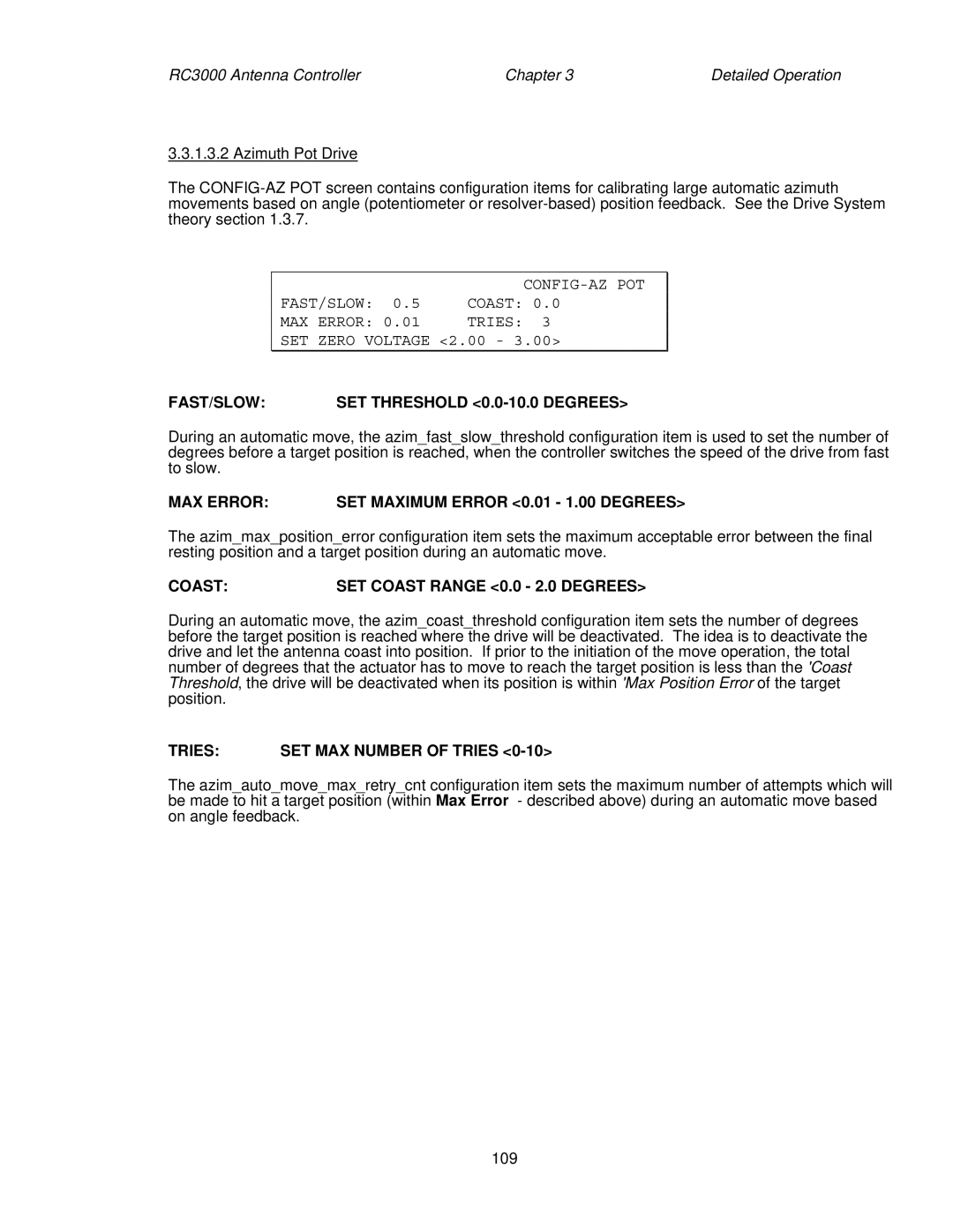 HP RC3000 manual FAST/SLOW SET Threshold 0.0-10.0 Degrees, MAX Error SET Maximum Error 0.01 1.00 Degrees 