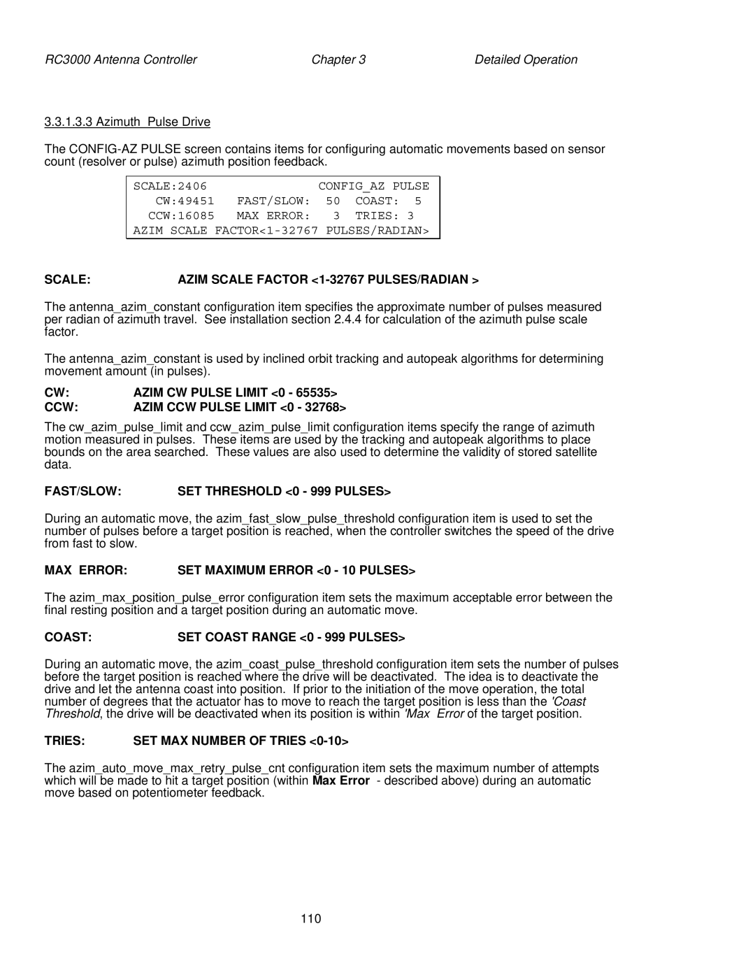 HP RC3000 manual Scale Azim Scale Factor 1-32767 PULSES/RADIAN, Azim CW Pulse Limit 0, CCW Azim CCW Pulse Limit 0 