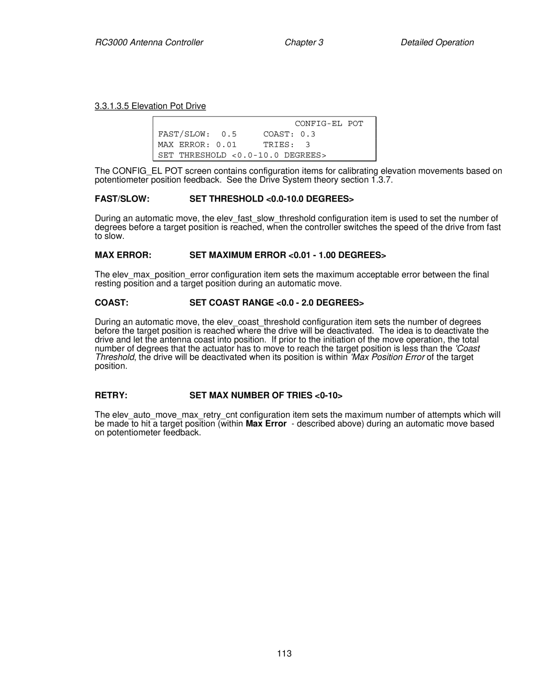 HP RC3000 manual FAST/SLOW SET Threshold 0.0-10.0 Degrees, Retry SET MAX Number of Tries 