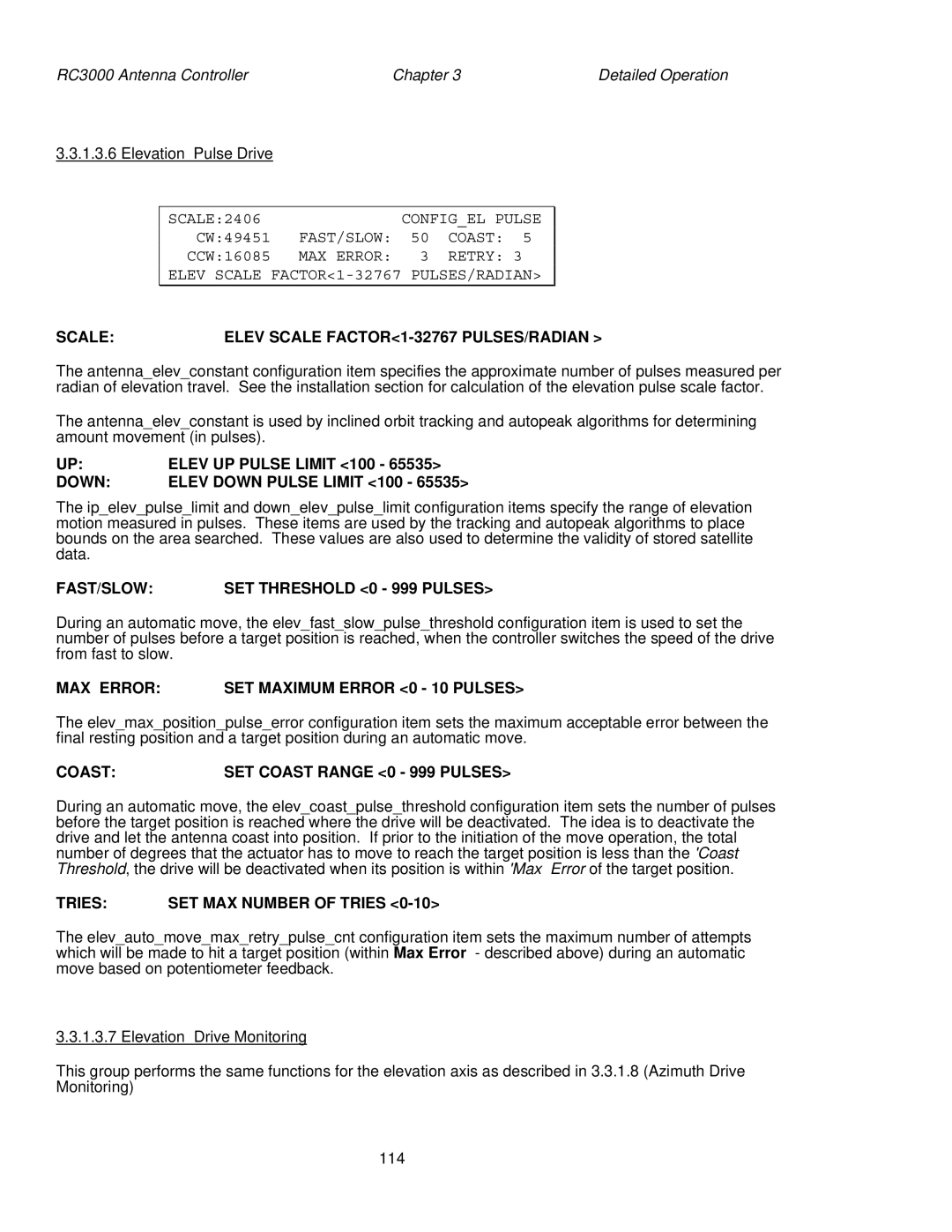 HP RC3000 manual Configel Pulse, MAX Error Retry Elev Scale FACTOR1-32767 PULSES/RADIAN, Elev UP Pulse Limit 100 