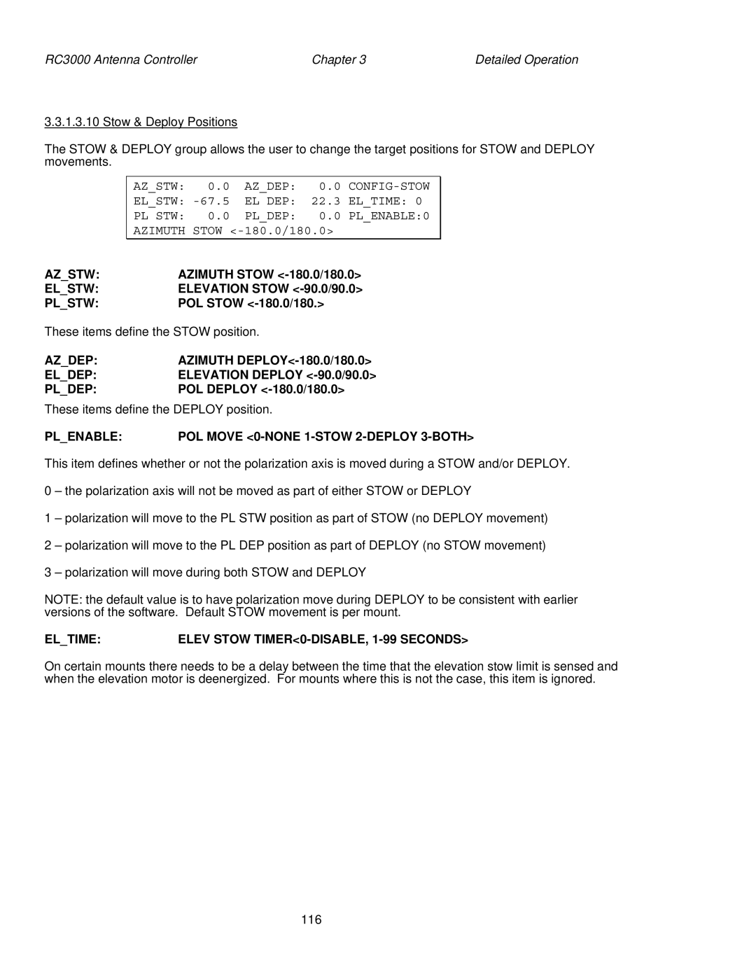 HP RC3000 manual Azstw, Elstw, Plstw, Azdep, Eldep Elevation Deploy -90.0/90.0 Pldep 