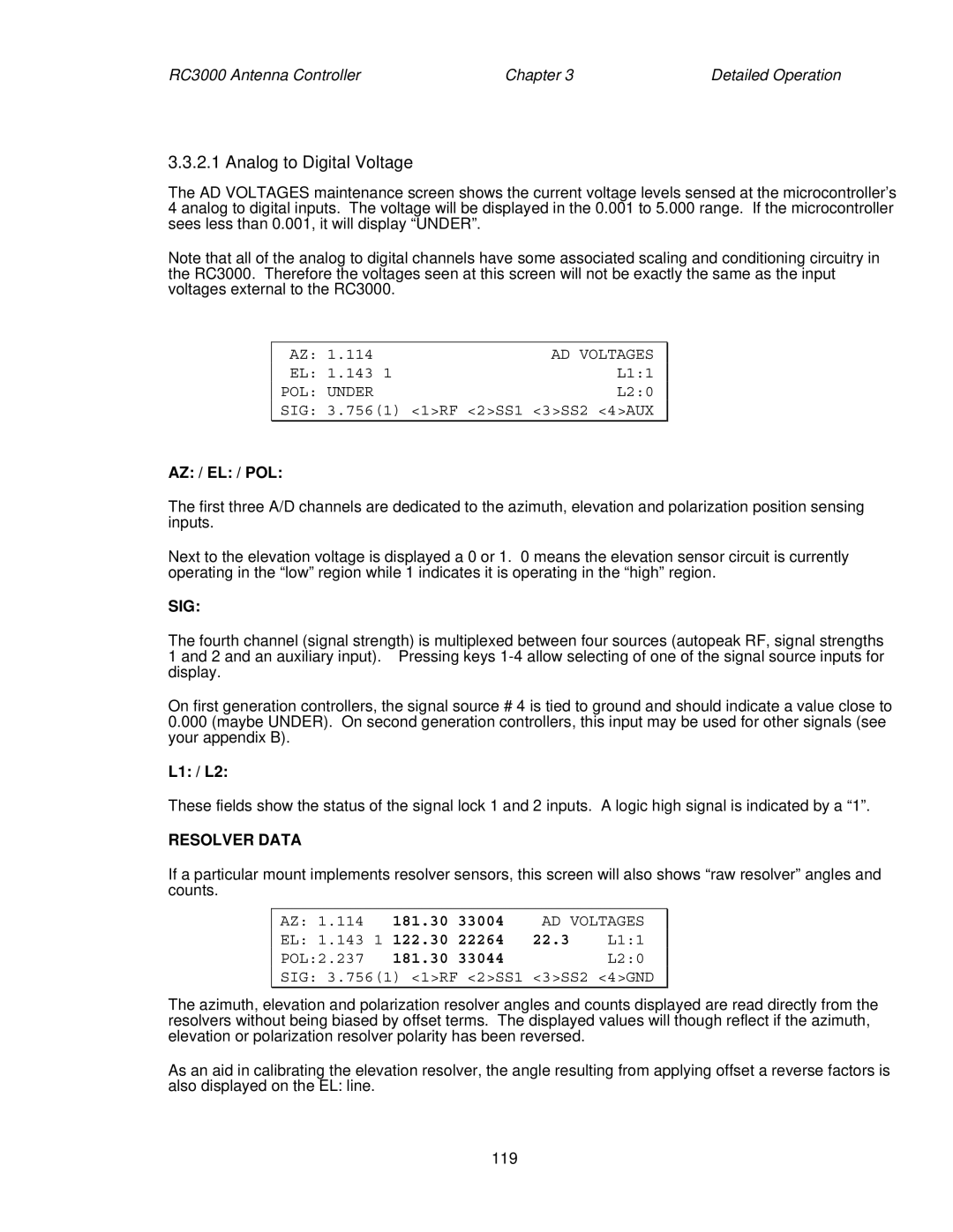 HP RC3000 manual Analog to Digital Voltage, Az / El / Pol, Sig, L1 / L2, Resolver Data 