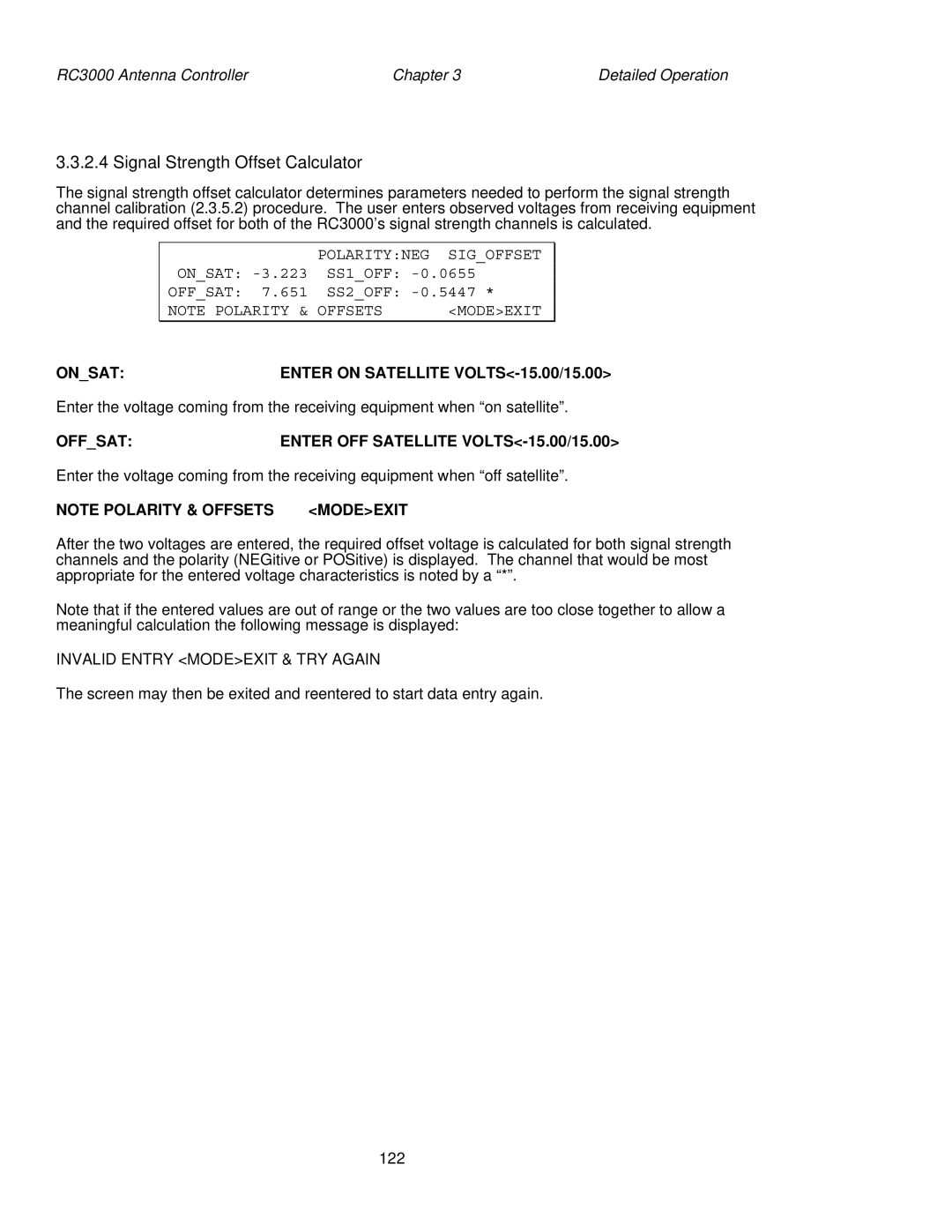 HP RC3000 manual Signal Strength Offset Calculator, Onsat Enter on Satellite VOLTS-15.00/15.00, Modeexit 