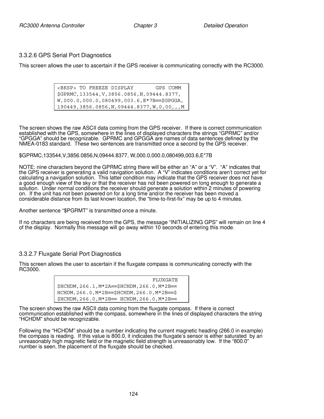 HP RC3000 manual GPS Serial Port Diagnostics, Fluxgate Serial Port Diagnostics, Bksp to Freeze Display GPS Comm 