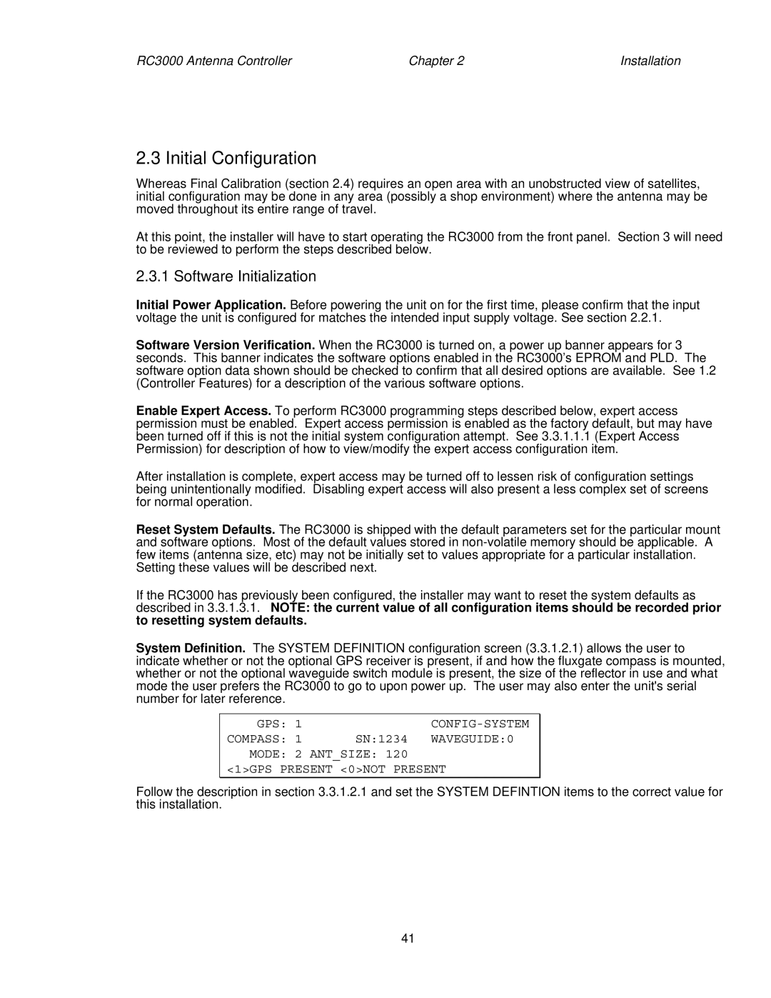 HP RC3000 manual Initial Configuration, Software Initialization 