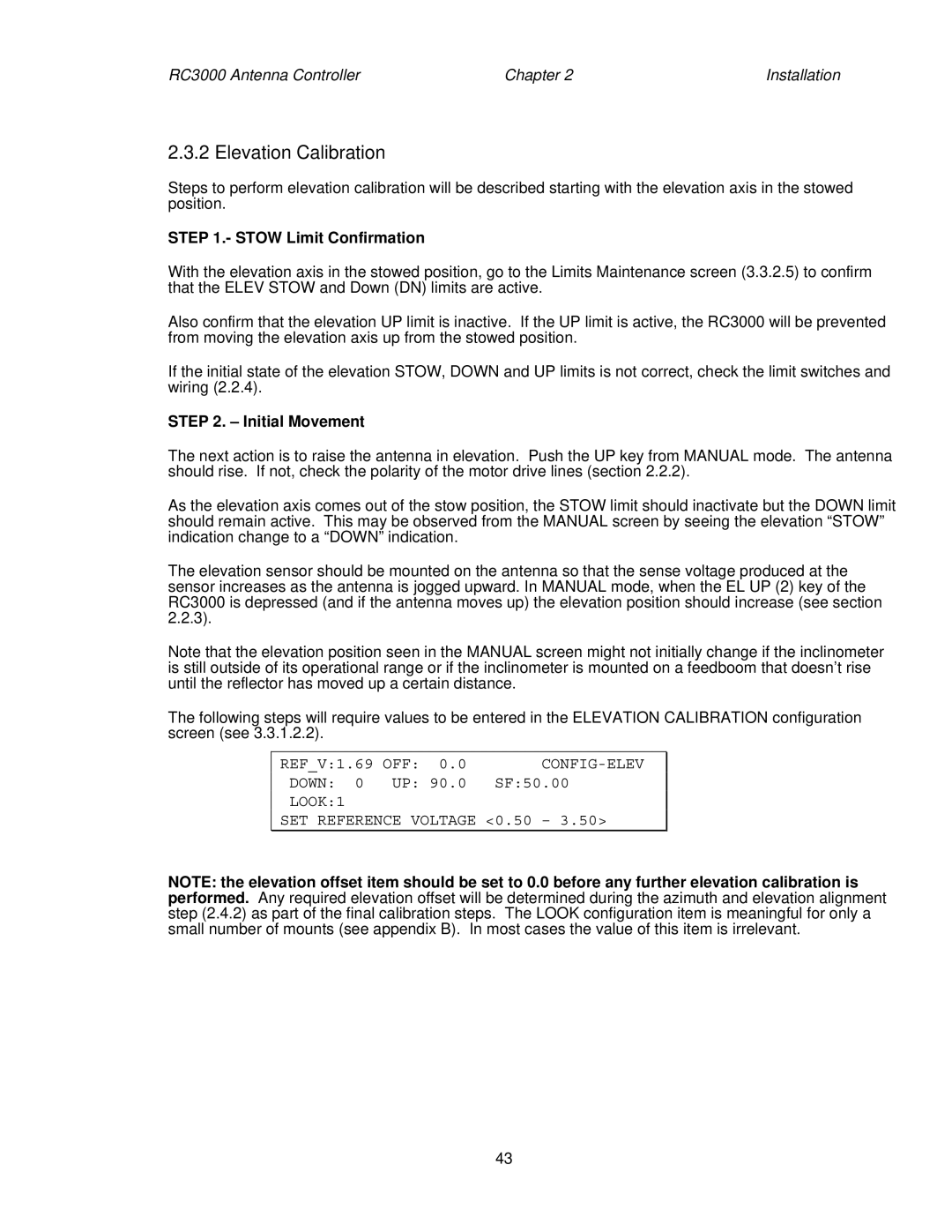 HP RC3000 Elevation Calibration, Stow Limit Confirmation, Initial Movement, Config-Elev, LOOK1 SET Reference Voltage 0.50 