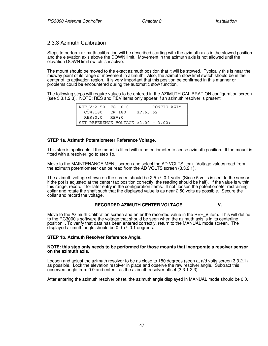 HP RC3000 manual Azimuth Calibration, REV0 SET Reference Voltage 2.00, Azimuth Potentiometer Reference Voltage 