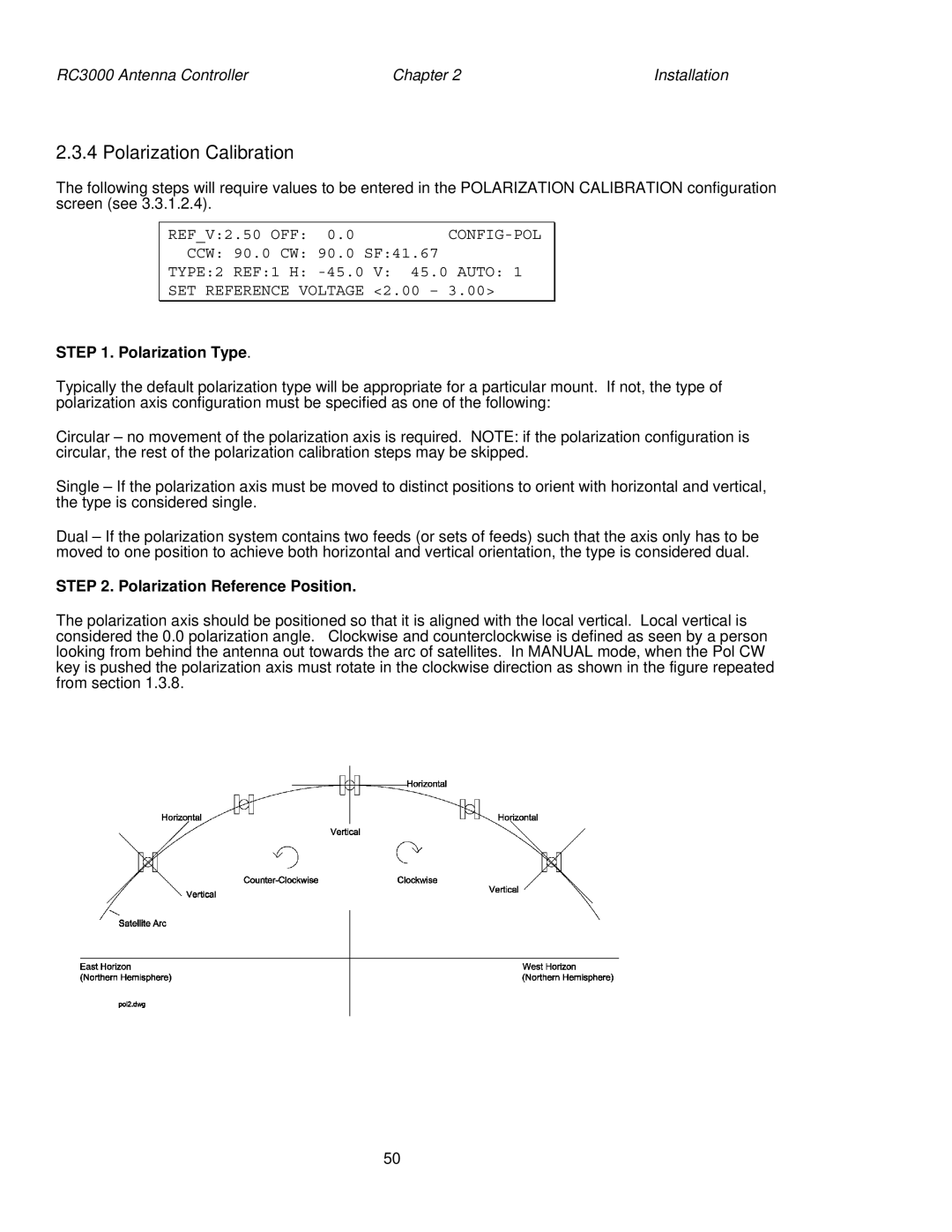 HP RC3000 manual Polarization Calibration, Config-Pol, TYPE2, Polarization Type, Polarization Reference Position 