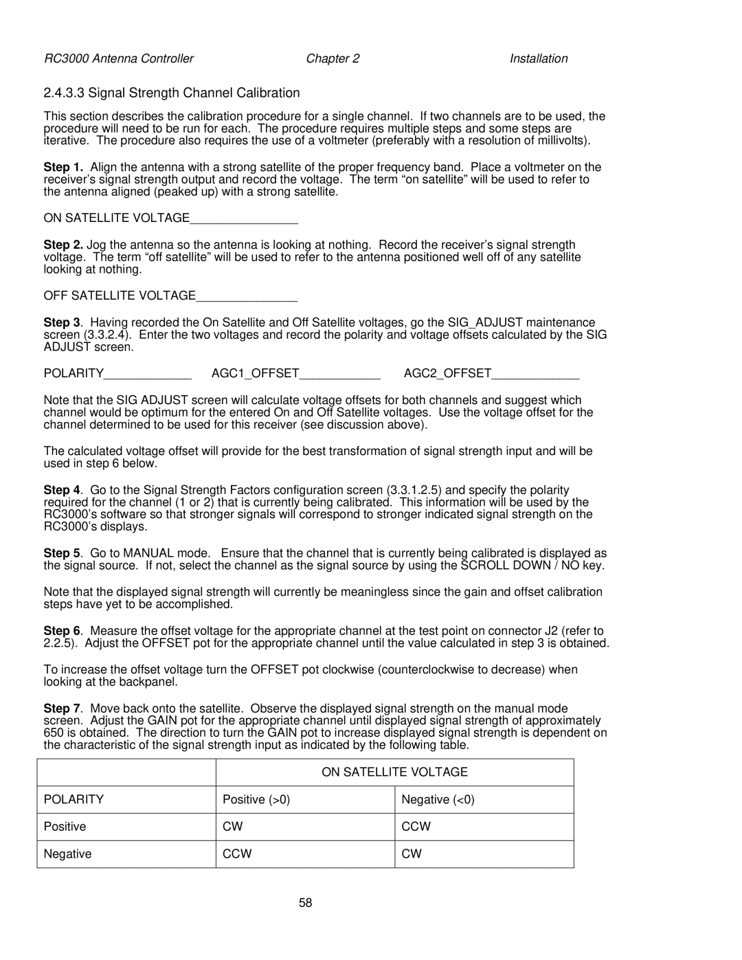 HP RC3000 manual Signal Strength Channel Calibration, OFF Satellite Voltage, On Satellite Voltage, Polarity, Ccw 