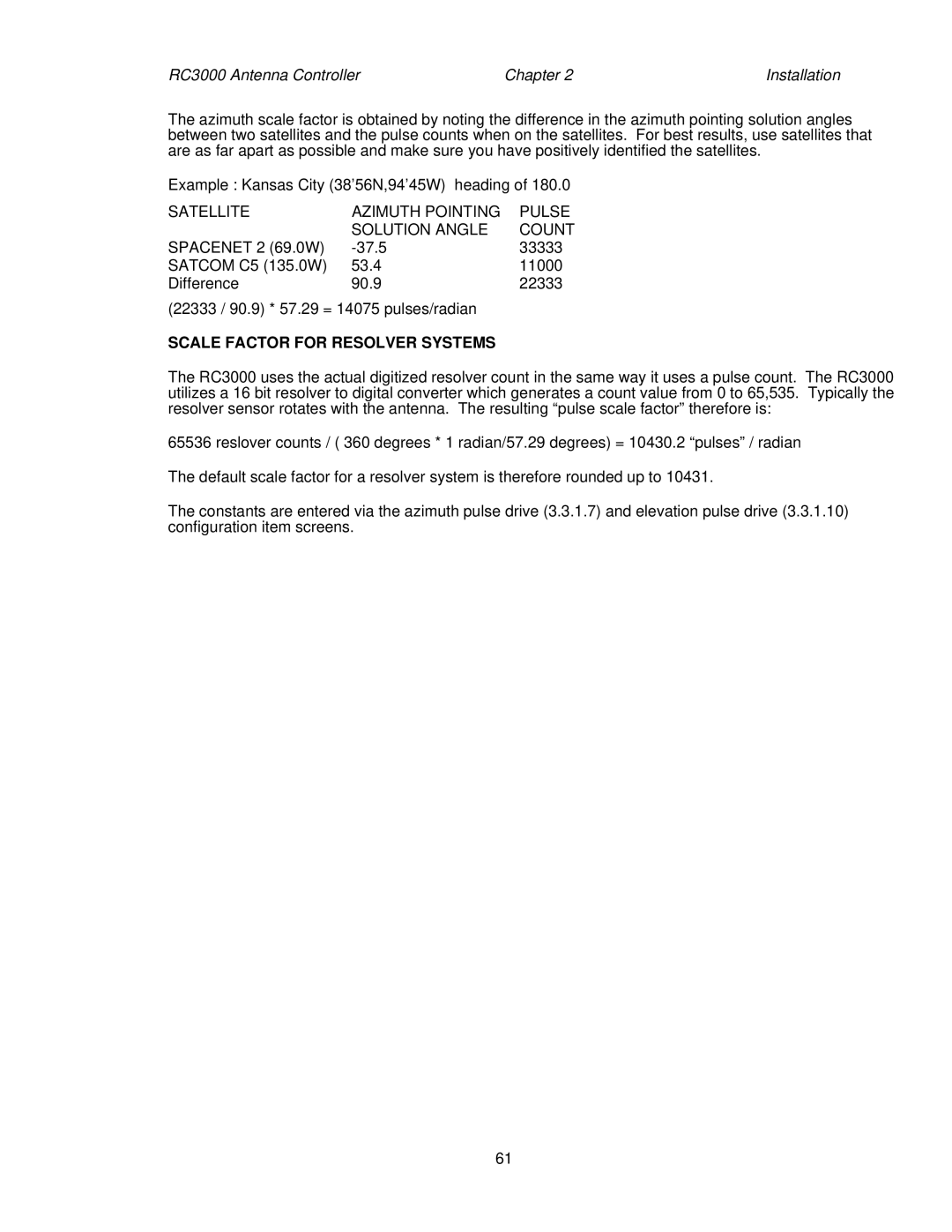 HP RC3000 manual Satellite Azimuth Pointing Pulse Solution Angle Count, Scale Factor for Resolver Systems 